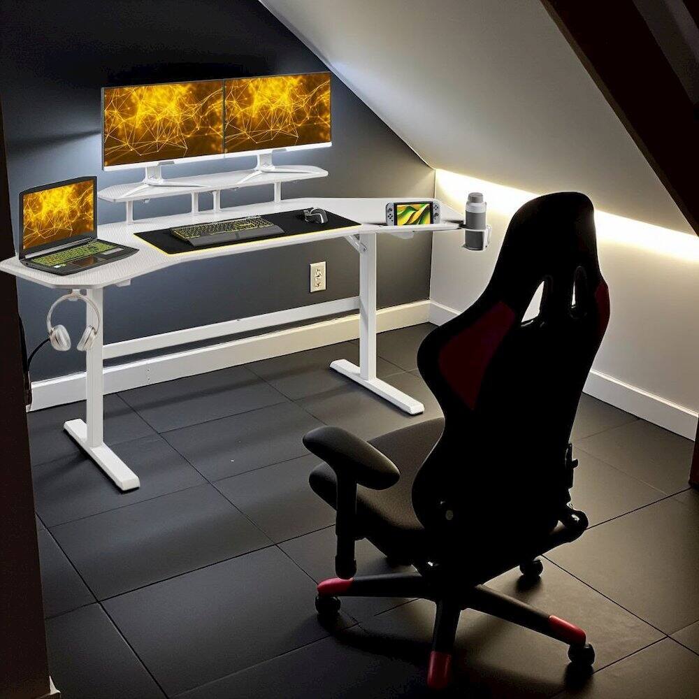 Alt View 8. FurniFact - White Gaming Desk with Wheels, Adjustable PC Desk Table for Gamers - White.