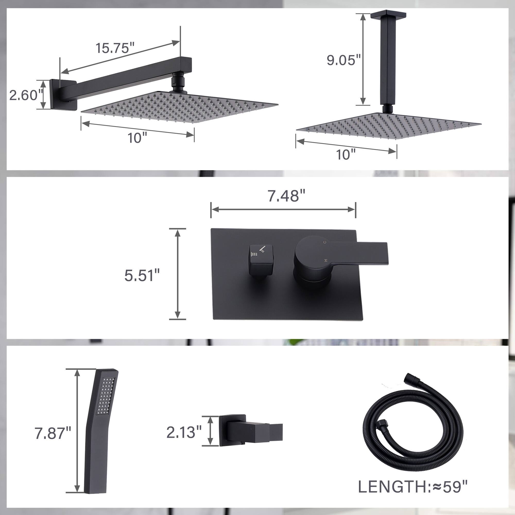 15.75"  
9.05"  
2.60"  
10"  
10"  
7.48"  
5.51"  
7.87"  
2.13"  
LENGTH: ≈59"