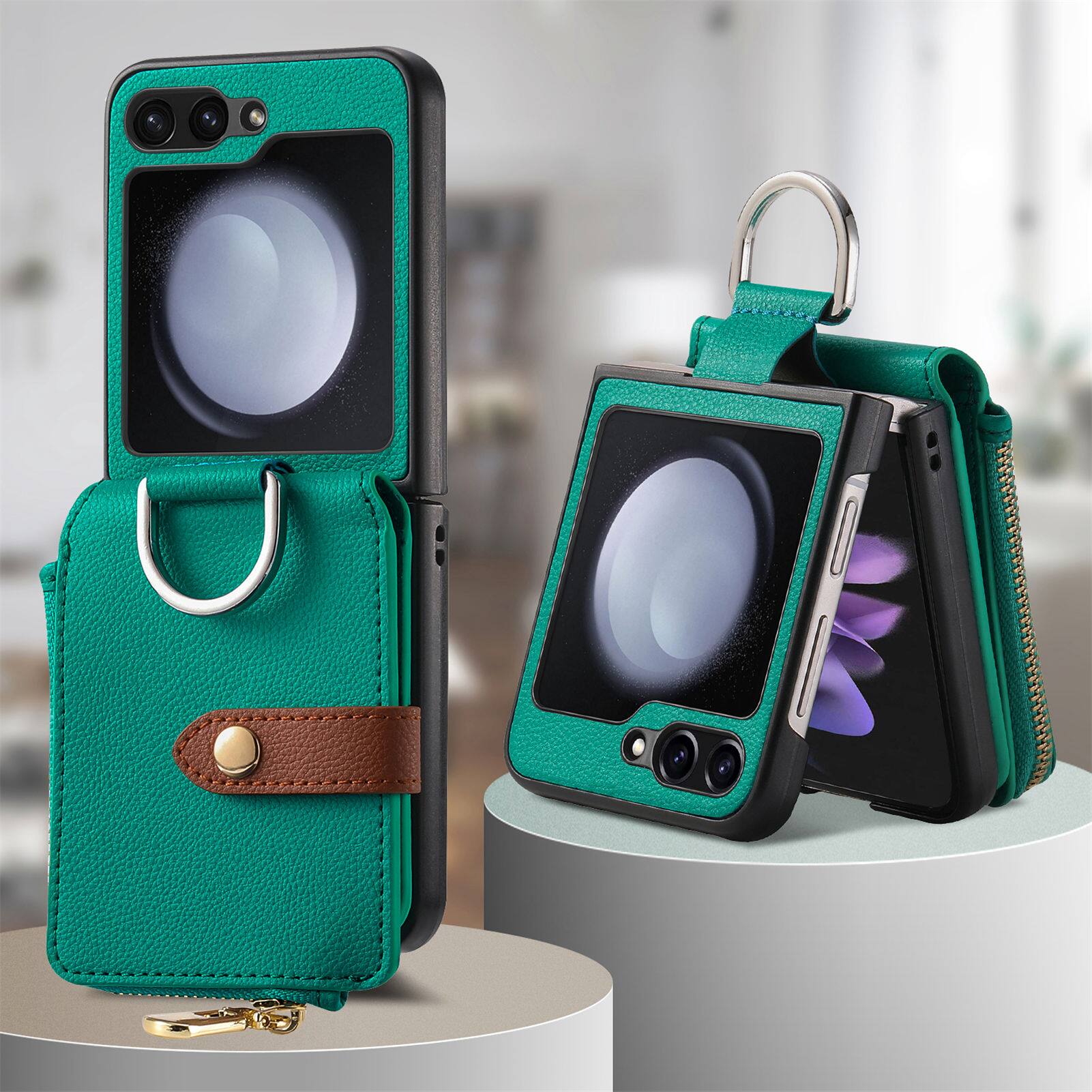 Alt View 5. Dteck - Flip Wallet Case for Samsung Galaxy Z Flip6 / 7 FE,Built-in Metal Finger Ring,Shockproof Zipper Pocket PU Leather Cover - Green.