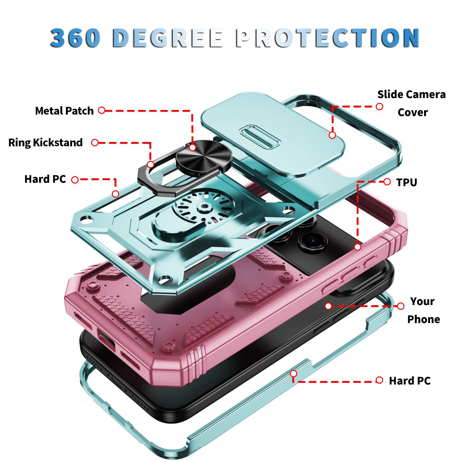 360 Degree Protection Metal Patch Slide Camera Cover Ring Kickstand Hard PC TPU & Your Phone