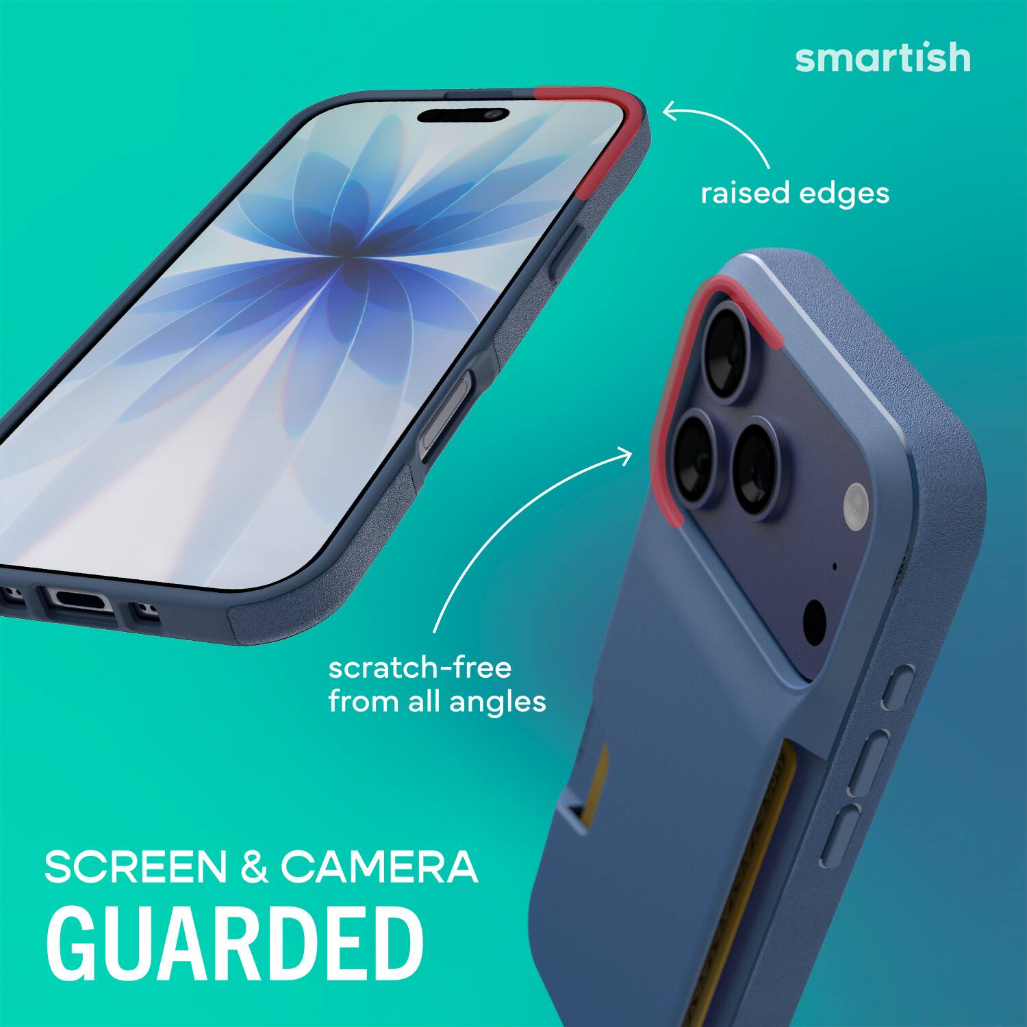 smartish  
raised edges  
scratch-free from all angles  
SCREEN & CAMERA GUARDED