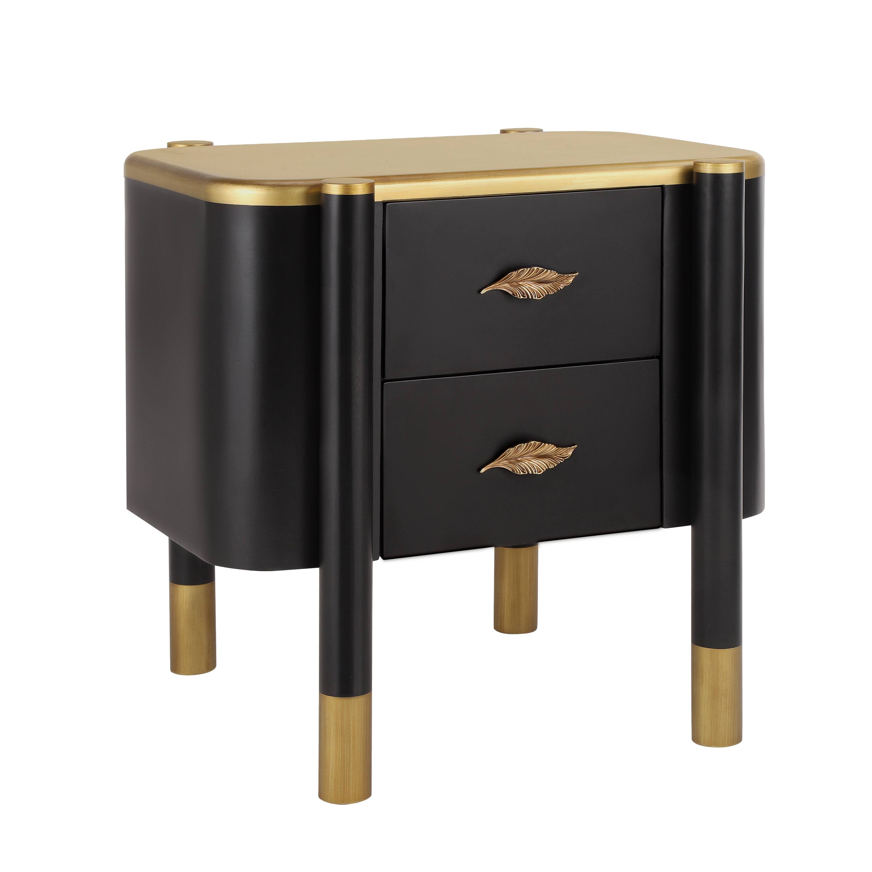 Left. Whisen - 2-Drawer Nightstand with Curved Profile,Bedside Table with Feather-Shaped Handles and High Legs - Black.
