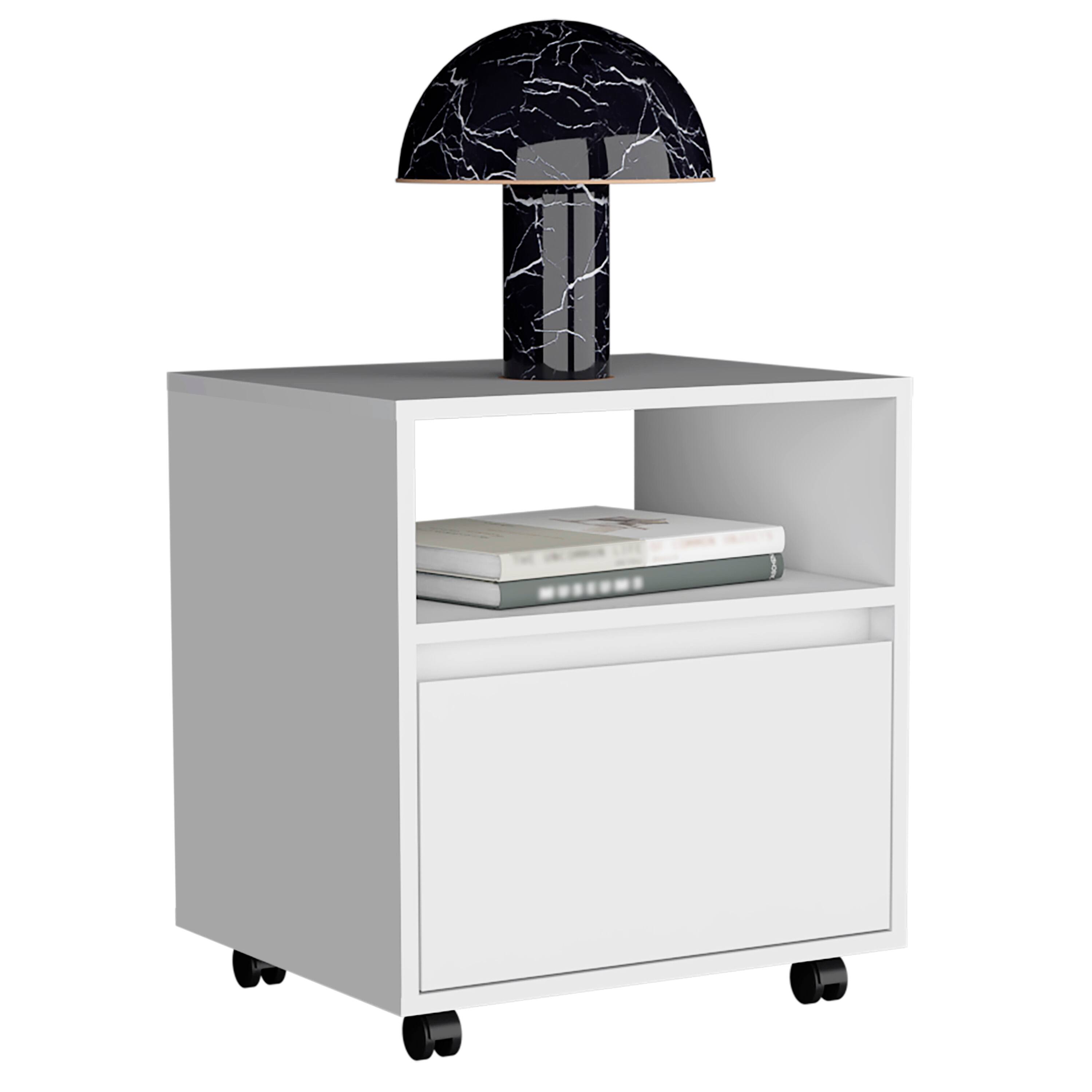 Alt View 1. Tiramisubest - Compact Nightstand with Drawer, Open Shelf, and Casters, White - White.