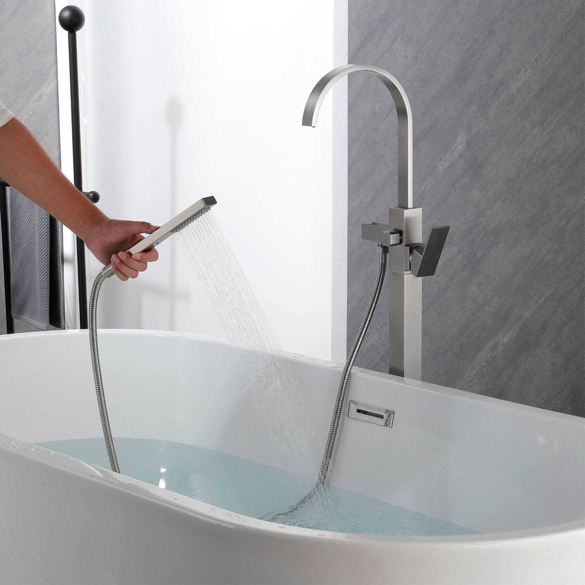 Alt View 3. Boyel Living - Brushed Nickel Freestanding Bathtub Faucet Solid Brass 360° Swivel Handheld Spray 60-Inch Hose cUPC - Brushed Nickel.