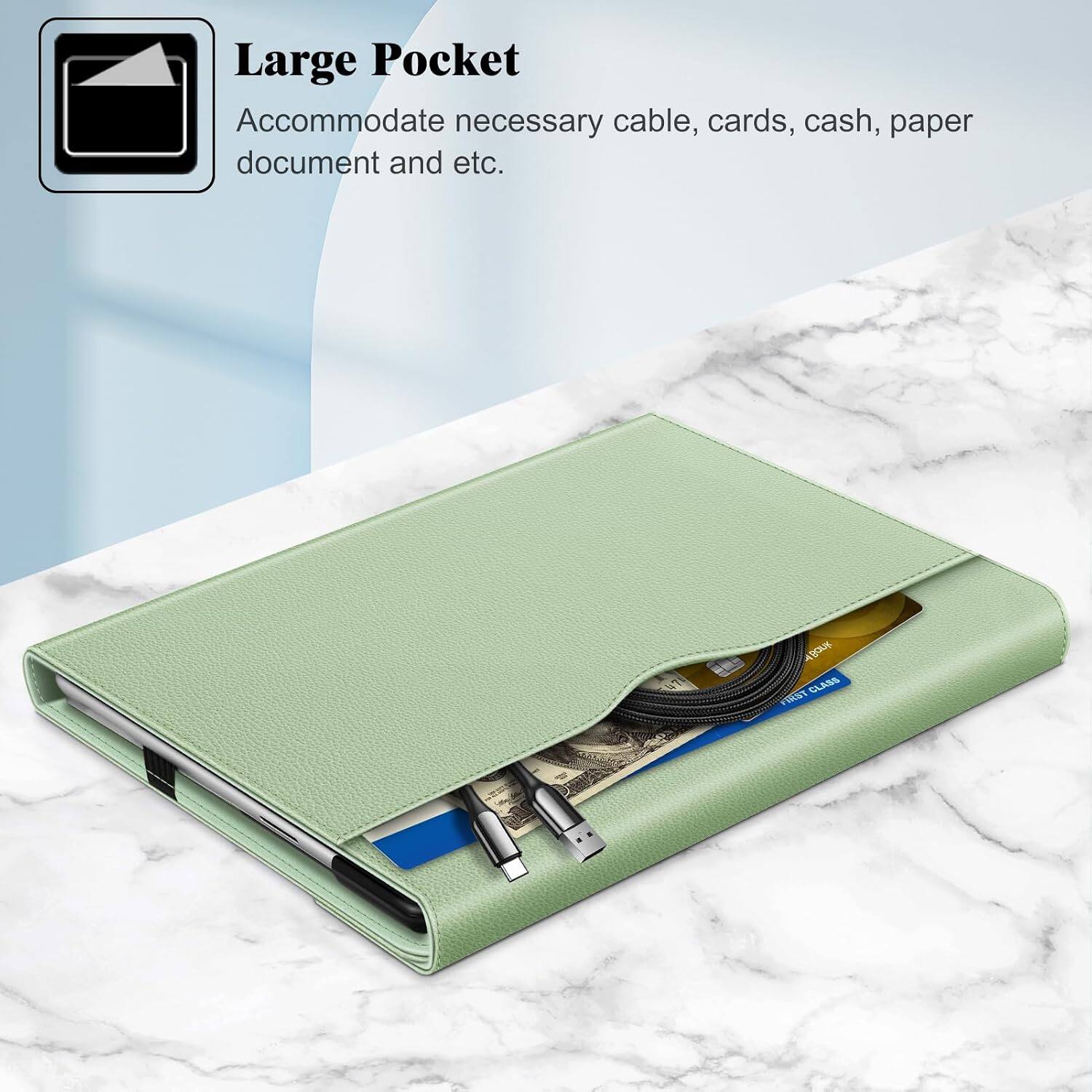 Large Pocket  
Accommodate necessary cable, cards, cash, paper document and etc.