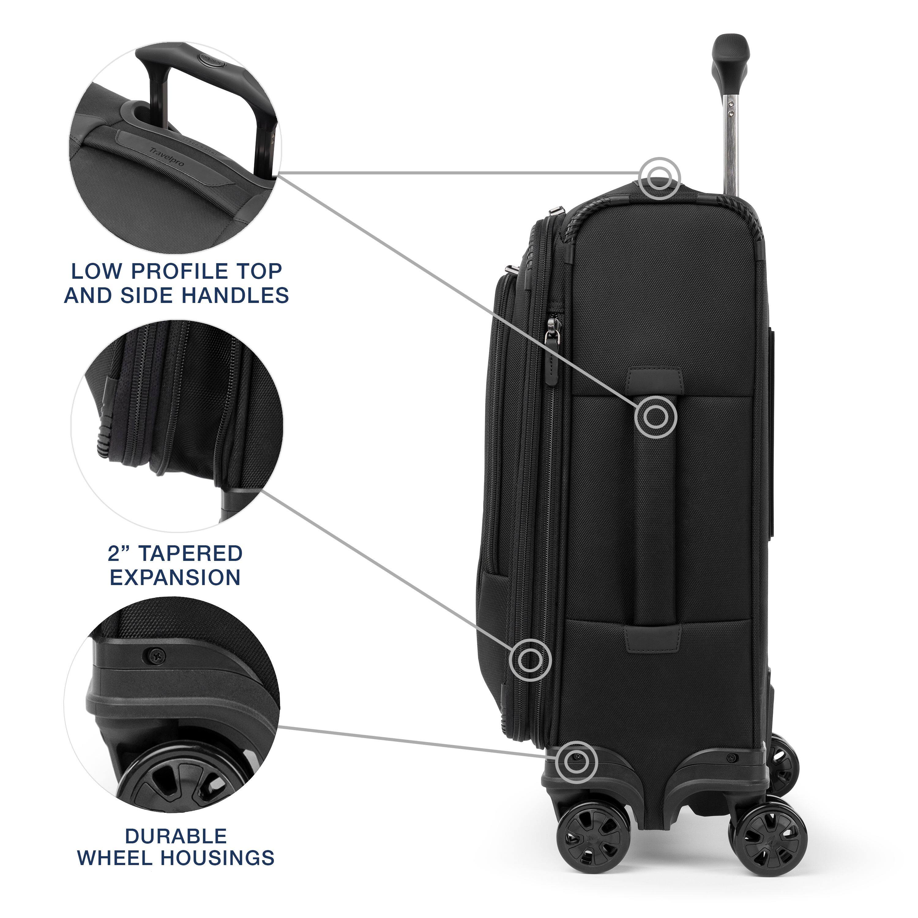 LOW PROFILE TOP AND SIDE HANDLES  
2" TAPERED EXPANSION  
DURABLE WHEEL HOUSINGS