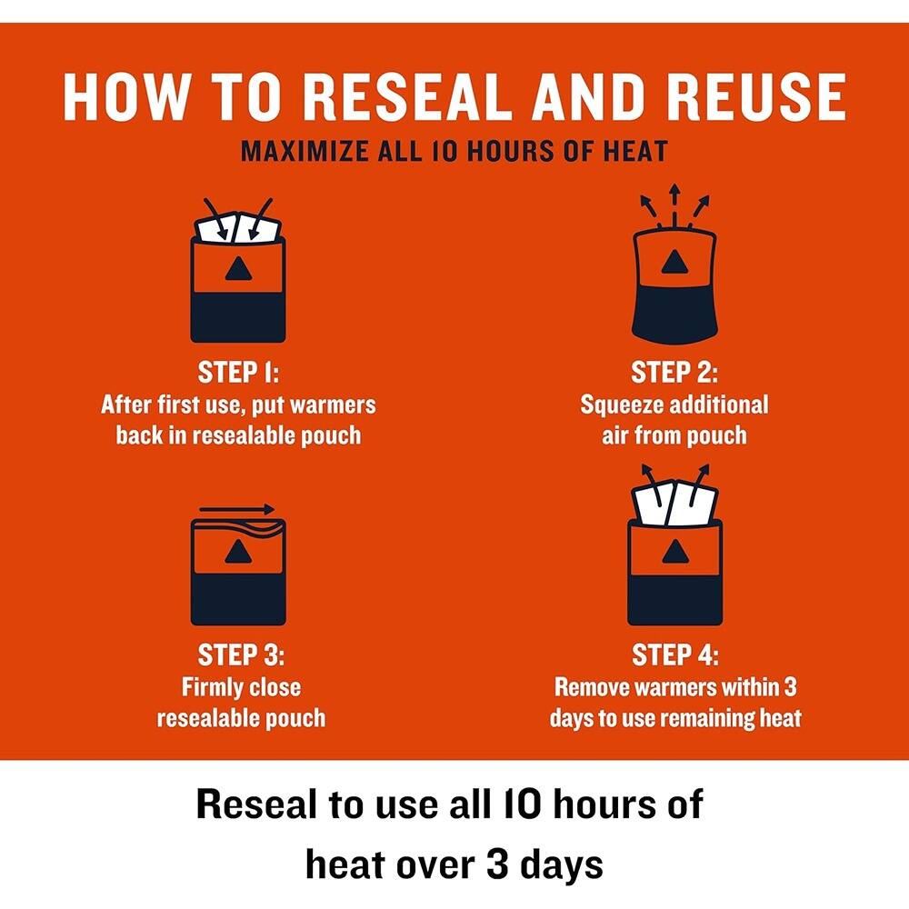 HOW TO RESEAL AND REUSE  
MAXIMIZE ALL 10 HOURS OF HEAT  

STEP 1:  
After first use, put warmers back in resealable pouch  

STEP 2:  
Squeeze additional air from pouch  

STEP 3:  
Firmly close resealable pouch  

STEP 4:  
Remove warmers within 3 days to use remaining heat  

Reseal to use all 10 hours of heat over 3 days