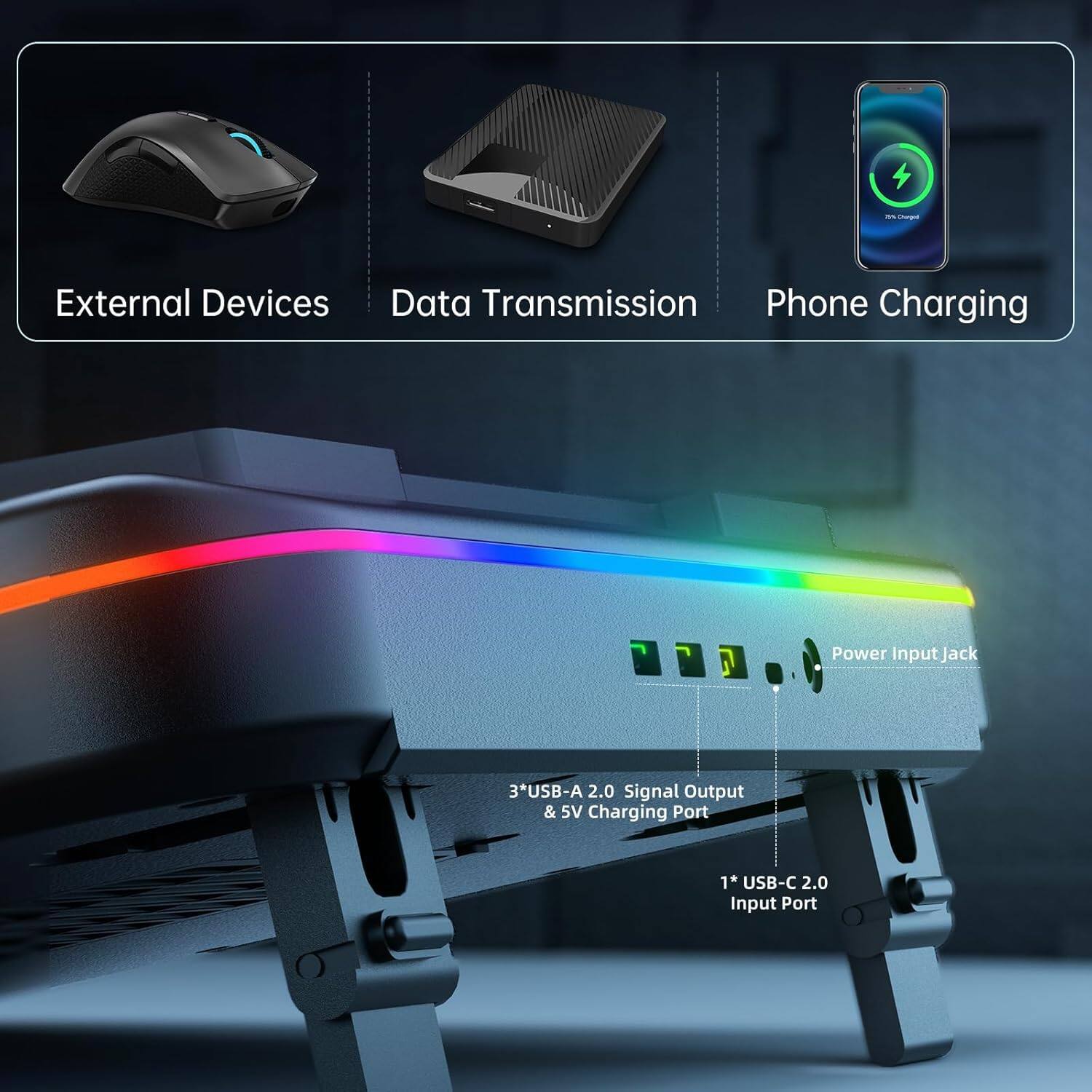 - External Devices
- Data Transmission
- Phone Charging

- Power Input Jack
- 3*USB-A 2.0 Signal Output & 5V Charging Port
- 1* USB-C 2.0 Input Port