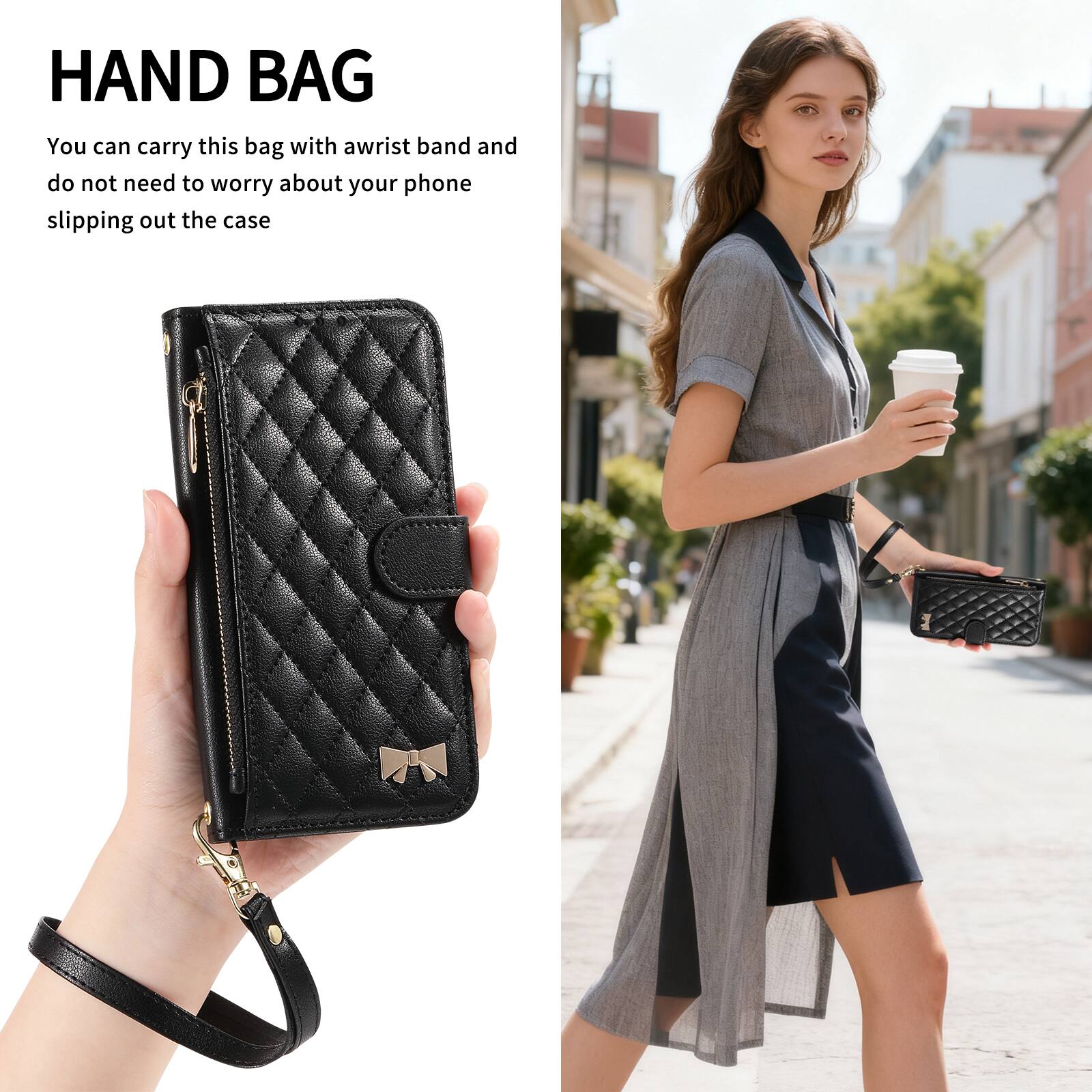 HAND BAG

You can carry this bag with a wrist band and do not need to worry about your phone slipping out the case.