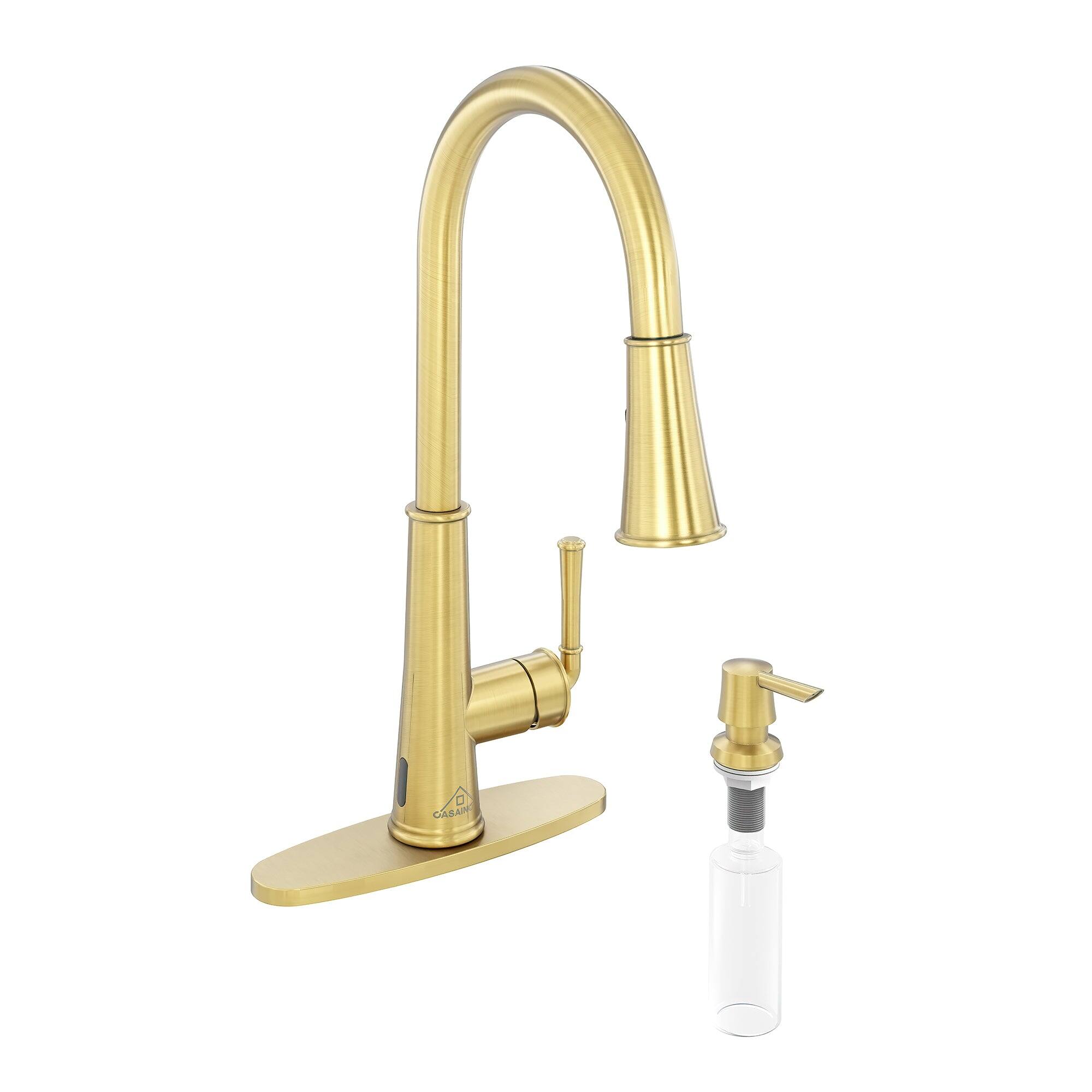 Front. Boyel Living - LED Infrared Sensor Pull Down Kitchen Faucet Switchable Water Flow White Light 360 Degree Rotation Deck Plate Gold - Brushed Gold.