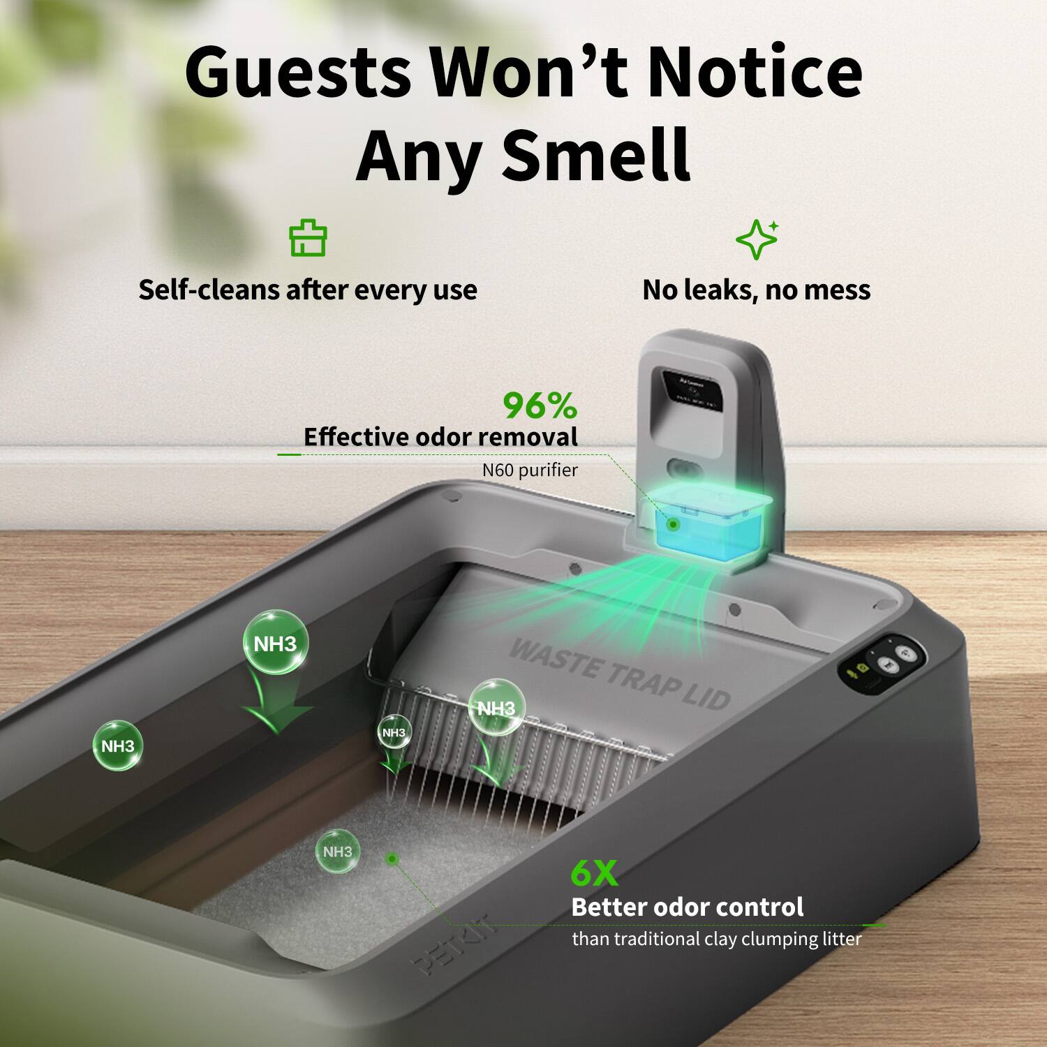 Guests Won't Notice Any Smell  
Self-cleans after every use  
No leaks, no mess  
96% Effective odor removal  
N60 purifier  
NH3  
NH3  
NH3  
WASTE TRAP  
NH3 LID  
- NH3  
PETOX  
6X Better odor control than traditional clay clumping litter