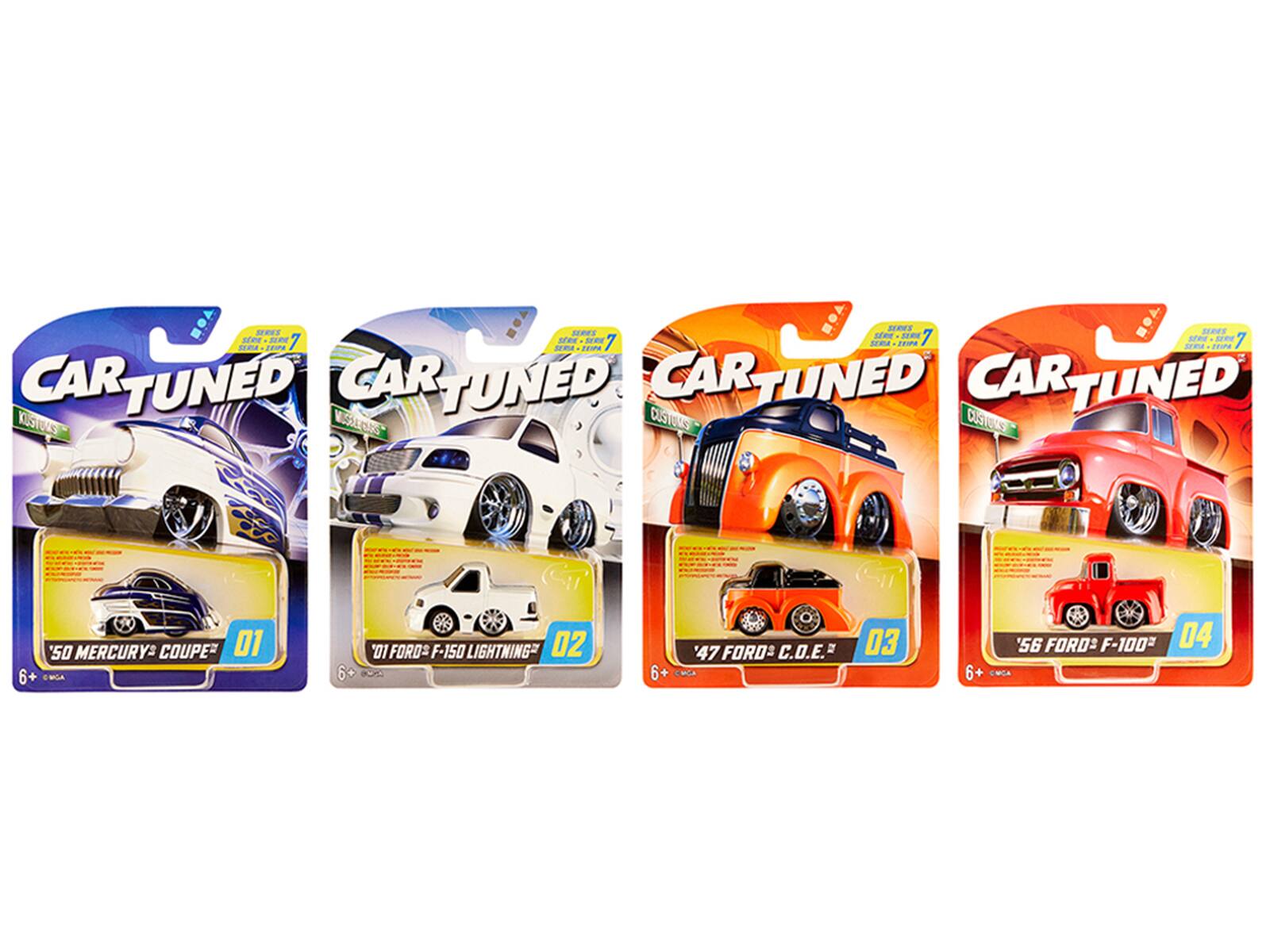 STRIES SERIES SEES SERVES SERVE 7 STEIPA 7 STRA STRIE 7 STRIE - 2820 CAR TUNED CAR TUNED CAR TUNED CAR TUNED KUSTOMS MUSEE WARS CUSTOMS CUSTOMS

6
'50 MERCURY COUPER 01 BIGA
'01 FORDS F-150 LIGHTNING 02
6 +
'47 FORD C.O.E. DY
03
6+
'56 FORD F-100 04