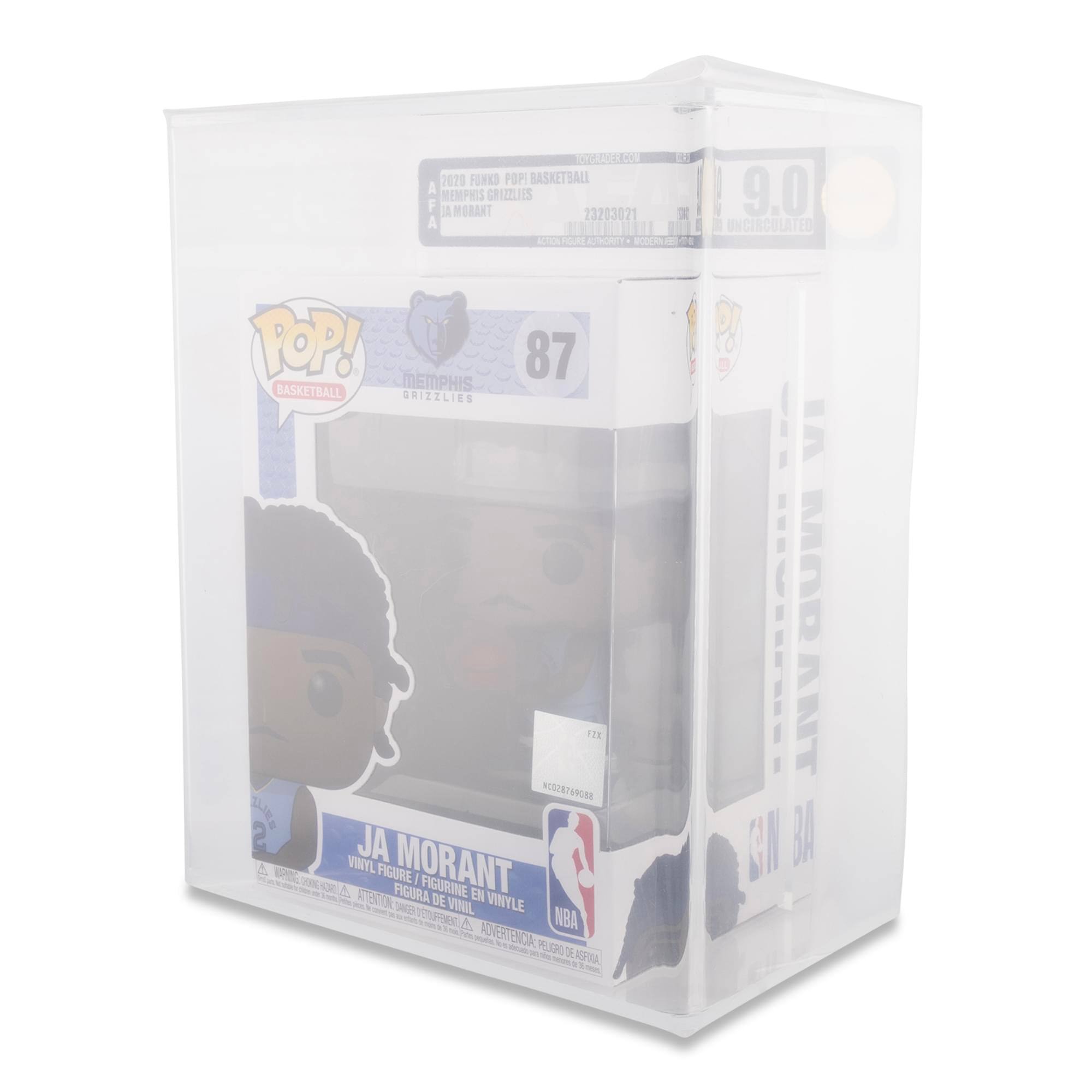 Sure, here is the corrected and grouped text from the image:

---

**Top Left:**
- 2020 FUNKO POP! BASEBALL
- MEMPHIS GRIZZLIES
- JA MORANT

**Top Center:**
- 87

**Top Right:**
- 9.0
- UNCIRCULATED

**Middle Left:**
- POP!
- BASKETBALL
- MEMPHIS GRIZZLIES

**Middle Center:**
- JA MORANT
- VINYL FIGURE / FIGURINE EN VINYLE / FIGURA DE VINIL

**Middle Right:**
- NBA
- LICENCIADO OFICIAL

**Bottom Left:**
- ATTENTION: CHOKING HAZARD - SMALL PARTS. NOT FOR CHILDREN UNDER 3 YEARS.
- ADVERTENCIA: PEQUEÑOS OBJETOS QUE PUEDE INGESTAR. NO APTO PARA NIÑOS MENORES DE 3 AÑOS.

**Bottom Center:**
- TOYCHASER.COM
- 23203021

**Bottom Right:**
- FZK
- 10226960