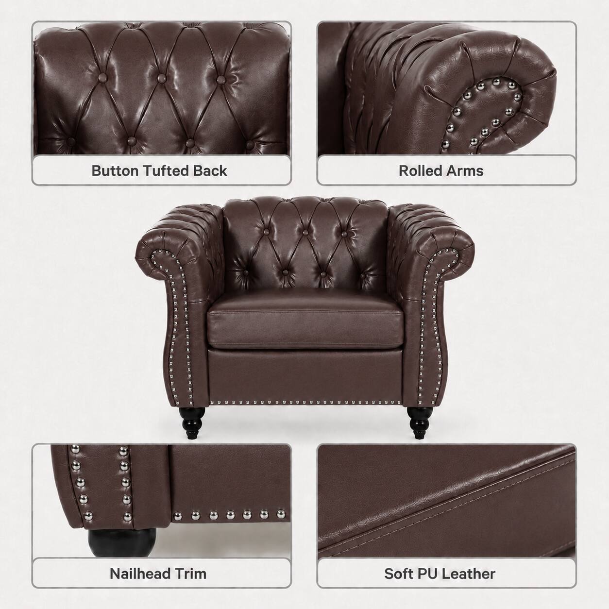 Button Tufted Back, Rolled Arms, Nailhead Trim, Soft PU Leather