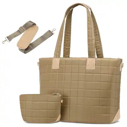 Front. Unique Bargains - Large Travel Tote Bag for Women Quilted Puffy Tote Laptop Compartment Lightweight Shoulder Handbag for Work Commuting - Khaki.