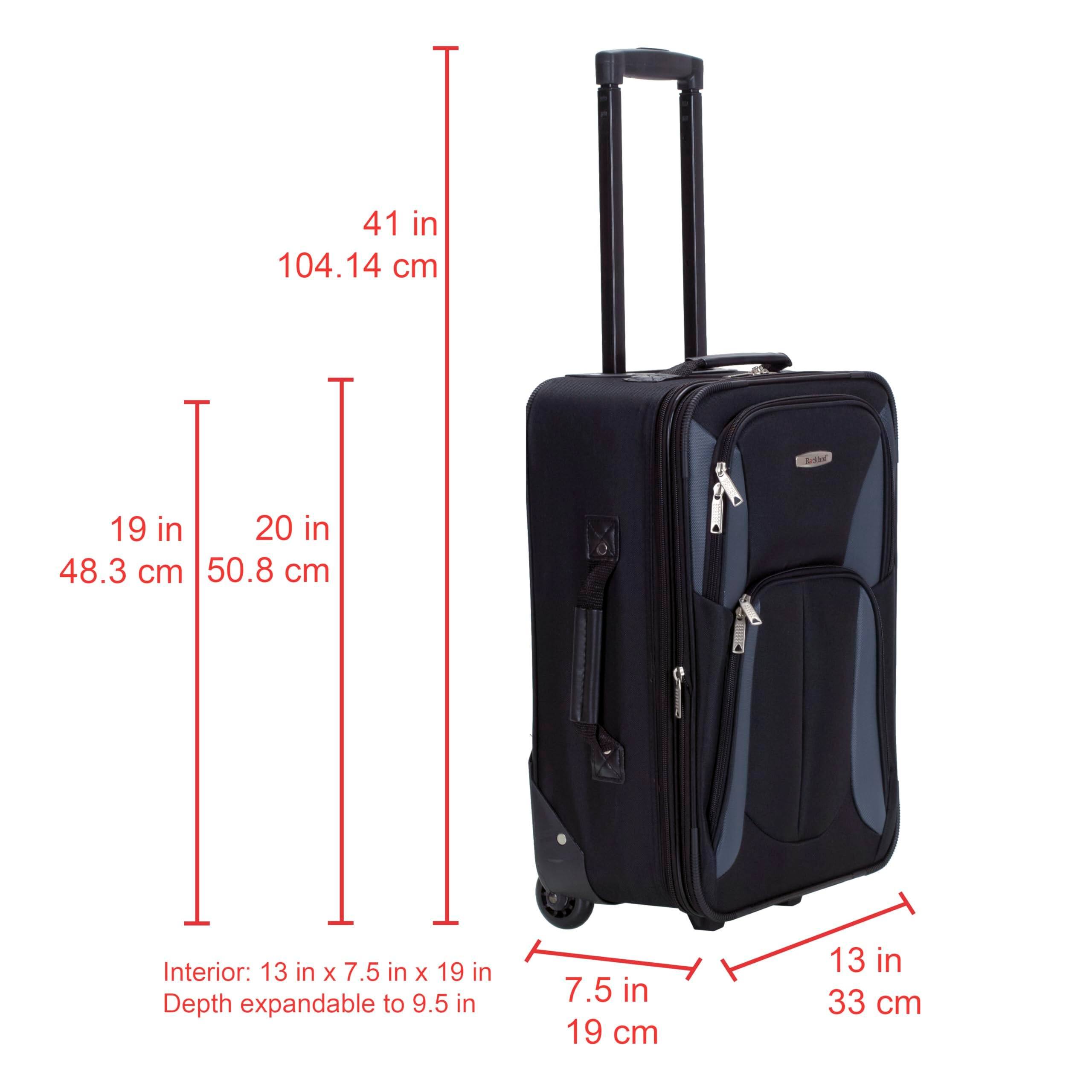 - Height: 41 in (104.14 cm)
- Width: 20 in (50.8 cm)
- Depth: 19 in (48.3 cm)
- Interior: 13 in x 7.5 in x 19 in
- Depth expandable to 9.5 in
- Handle height: 33 cm (13 in)
- Bottom width: 19 cm (7.5 in)