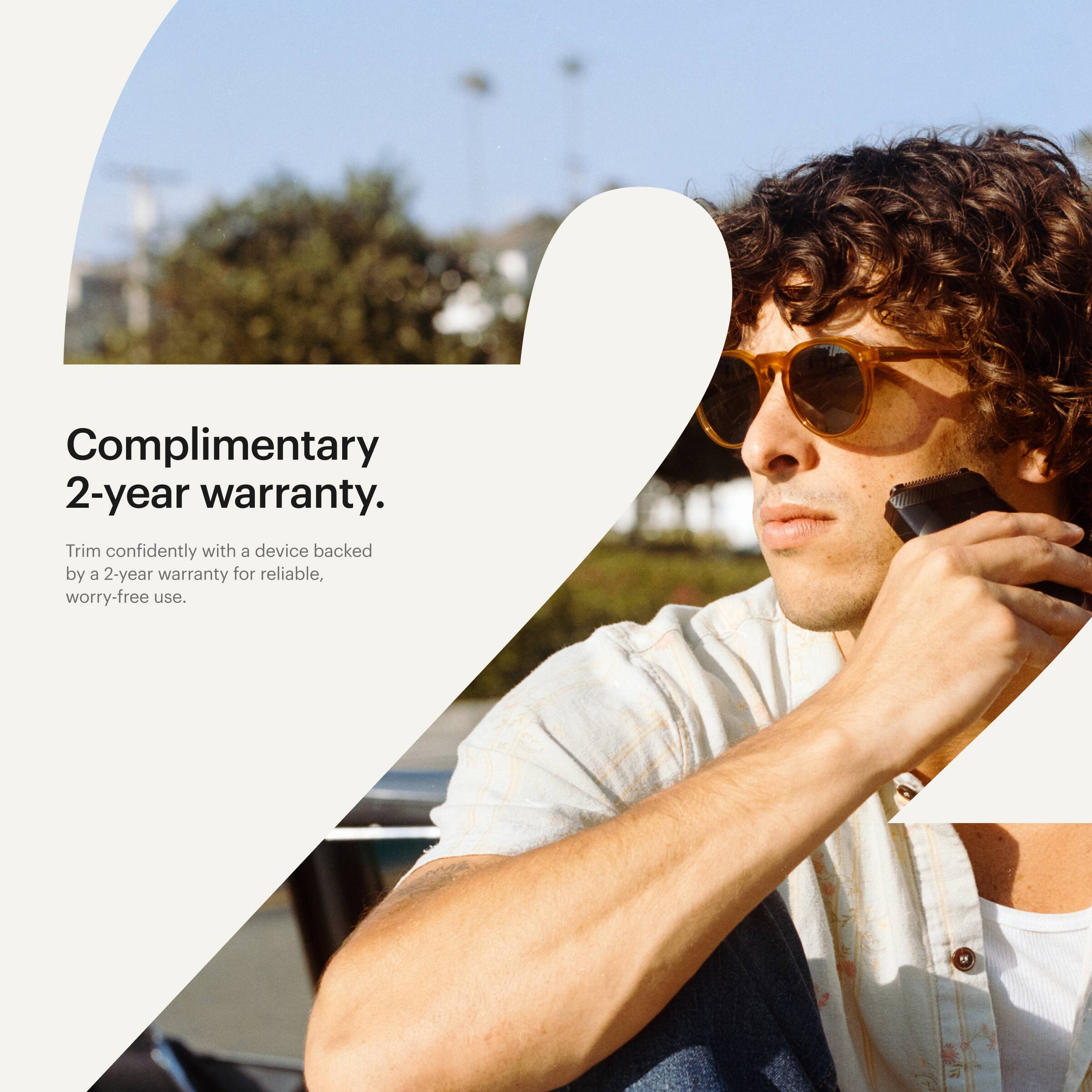The text on the image reads: "Complimentary 2-year warranty. Trim confidently with a device backed by a 2-year warranty for reliable, worry-free use."