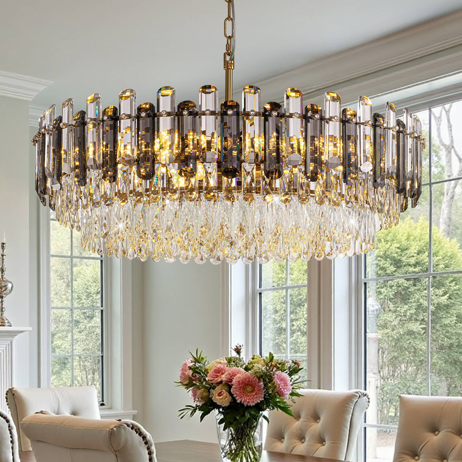 Angle. Siljoy - 31.5" 20-Light Gold Brass Crystal Chandelier, Modern Luxury Light for Dining Room Living Room Bedroom Foyer - Gold Brass.