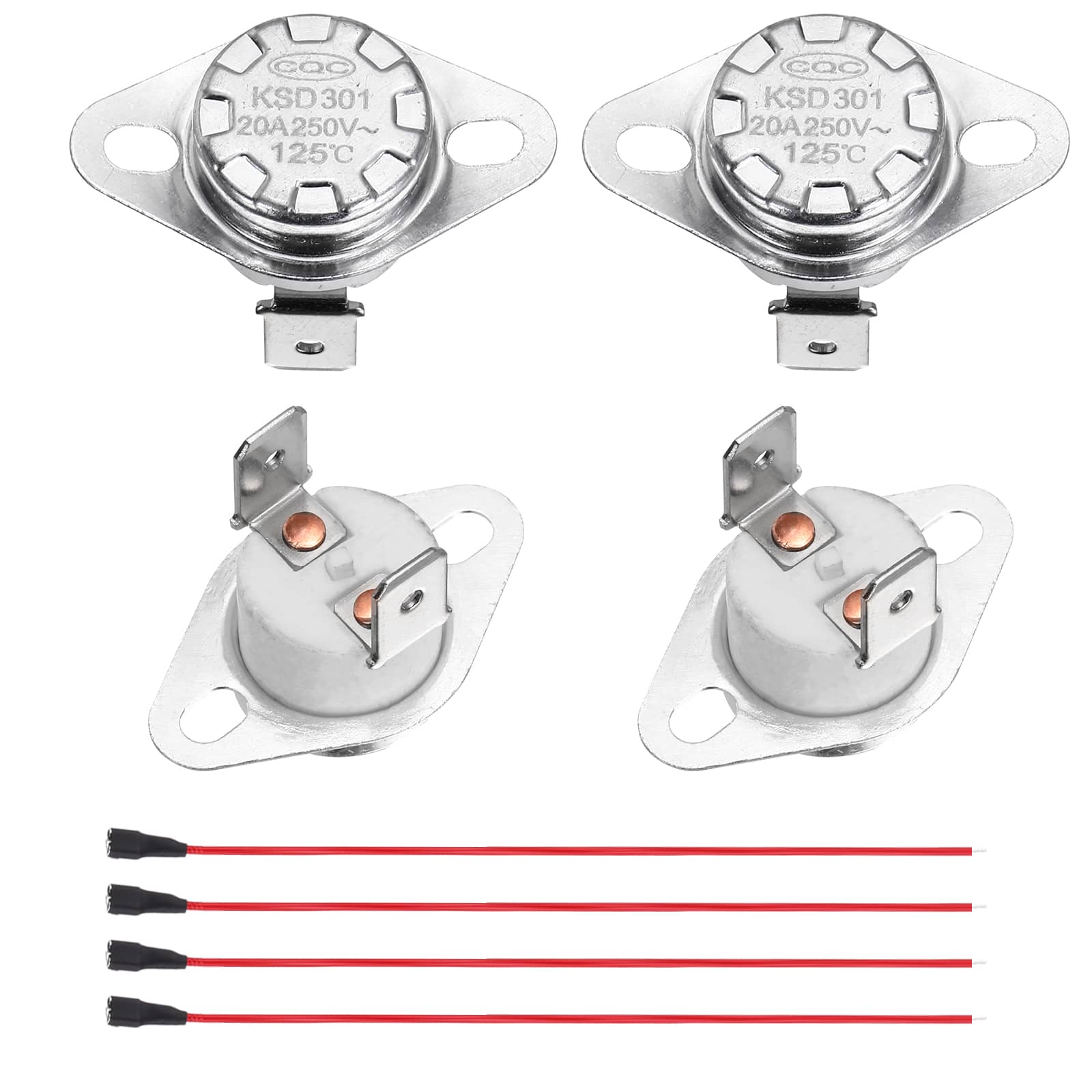 Unique Bargains - 2pcs KSD301 Thermostat 125°C/257°F 20A Normally Closed N.C Adjust Snap Disc Temp Switch with Terminal Wire Ceramic - Silver