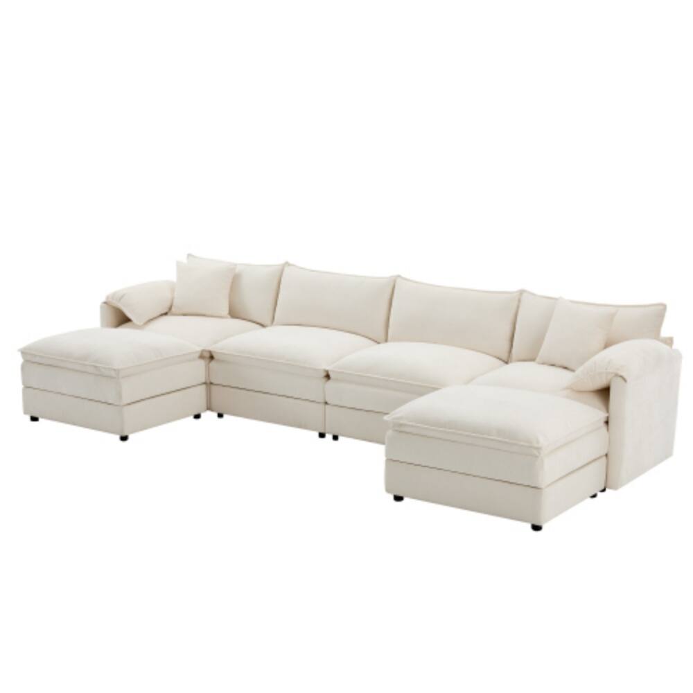 Alt View 2. LUCKY ONE - 136" U-Shaped 6-Seat Chenille Cloud Sofa w/ Double Cushions Movable Ottoman - White.
