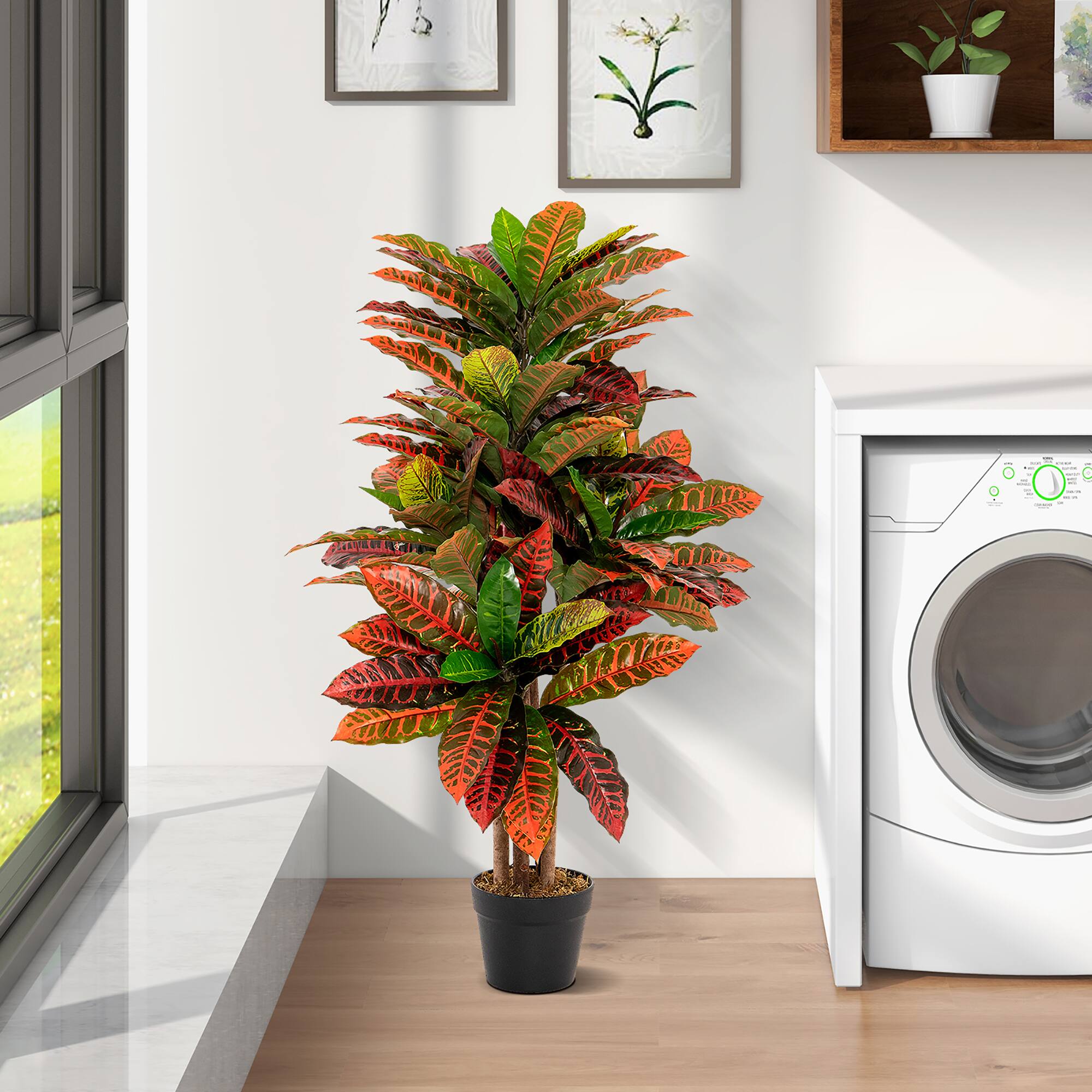 Alt View 4. Gymax - Gymax 40'' Tall Artificial Croton Plant w/ Colorful Variegated Leaves & Natural Wood Trunks - Green, Red, Yellow, Black.