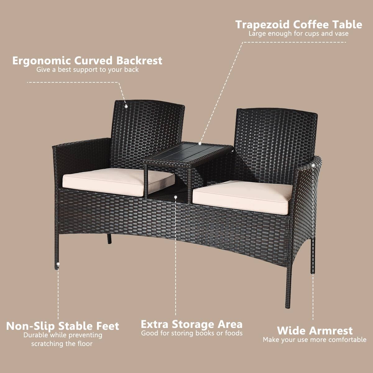 Trapezoid Coffee Table, Ergonomic Curved Backrest, Non-Slip Stable Feet, Extra Storage Area, Wide Armrest