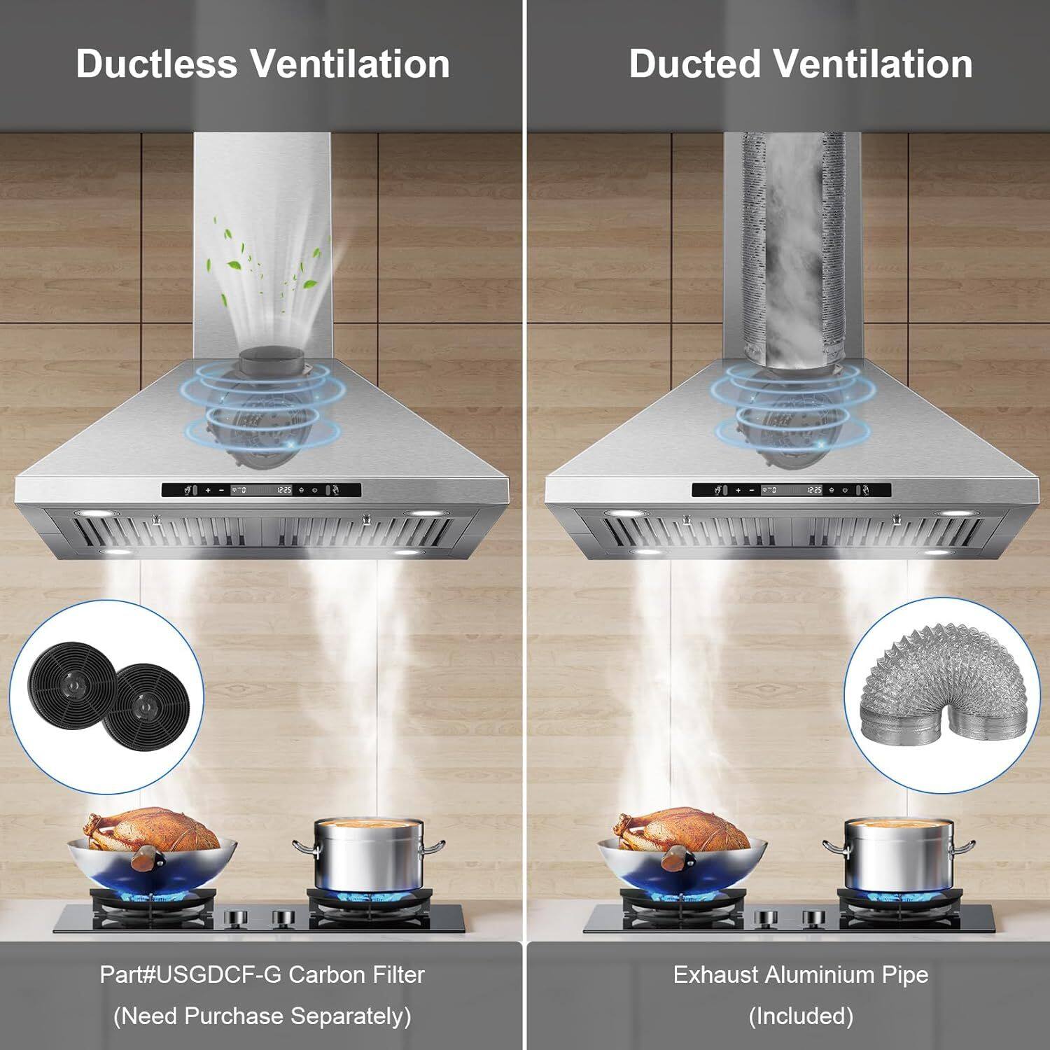 Ductless Ventilation  
Ducted Ventilation  

1. Part#USGDCF-G Carbon Filter (Need Purchase Separately)  
2. Exhaust Aluminium Pipe (Included)