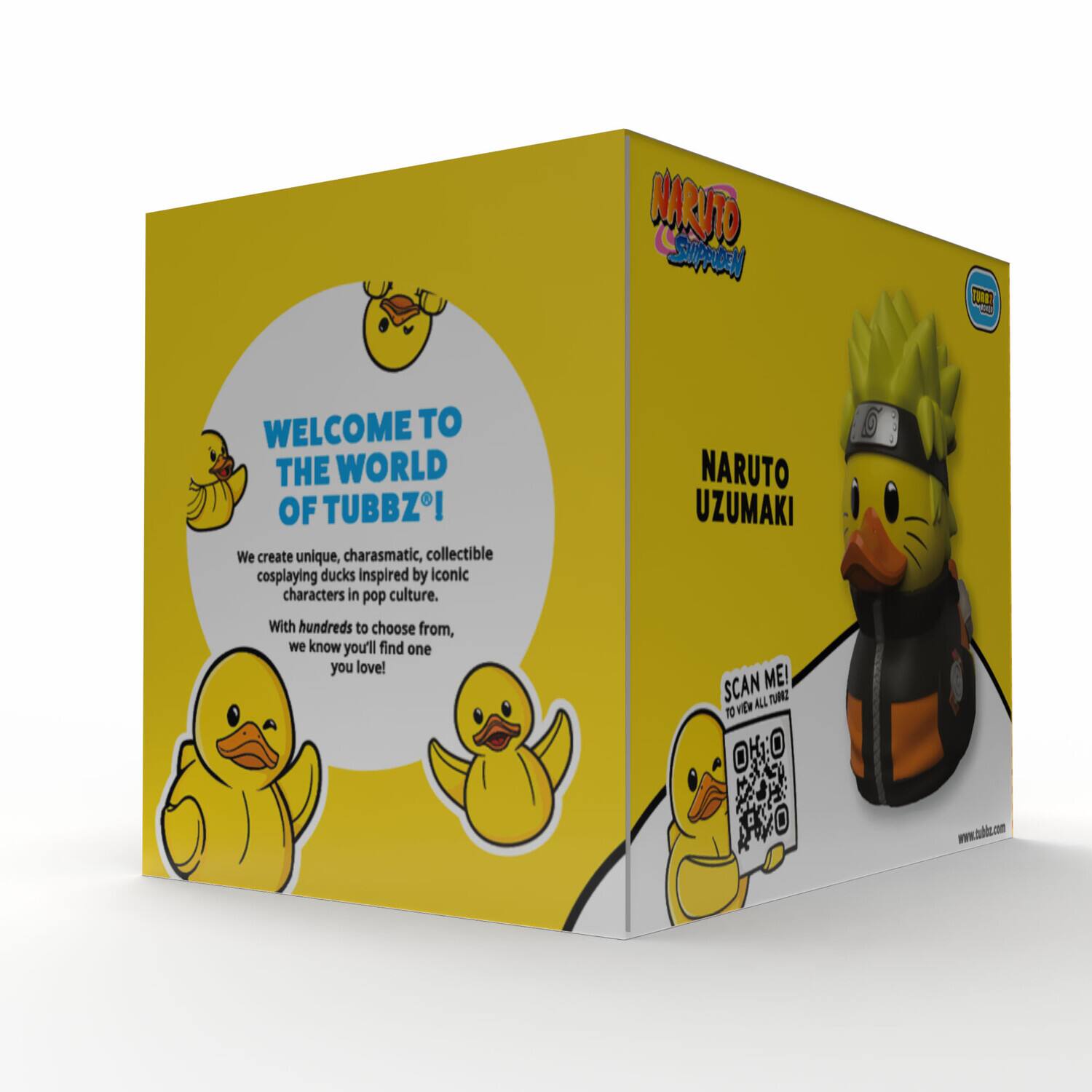 **Front:**

WELCOME TO THE WORLD OF TUBBZ!

We create unique, charismatic, collectible cosplaying ducks inspired by iconic characters in pop culture. With hundreds to choose from, we know you'll find one you love!

**Side:**

NARUTO UZUMAKI

SCAN ME!
TO VIEW ALL TUBBZ

www.tubbz.com
