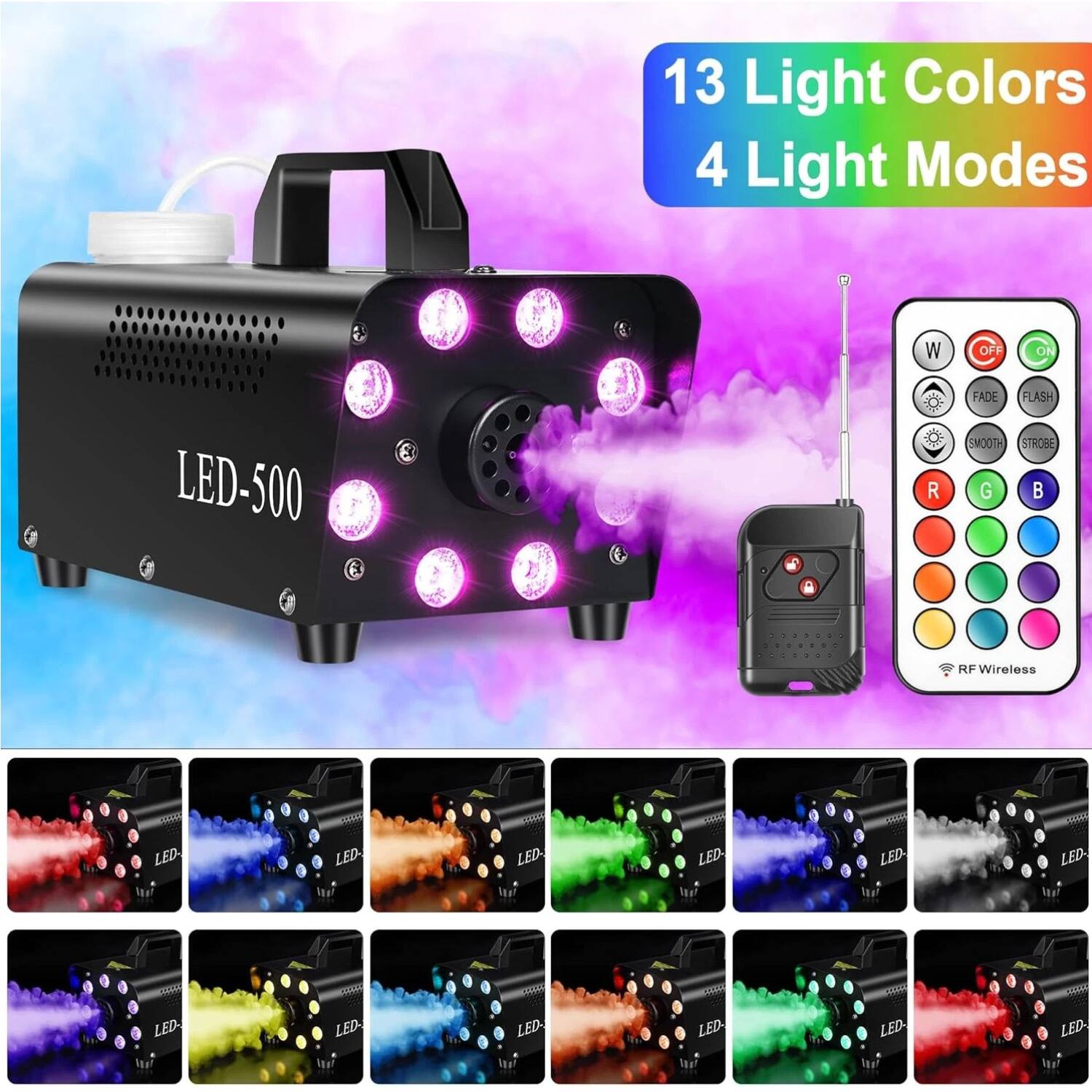 13 Light Colors  
4 Light Modes  
LED-500  
W OFF ON  
LED-500 R FADE FLASH SMOOTH STROBE G B  
RF Wireless  
LED CUS LED AA LED LED HA LED LED 18ar e I EPAN LED A LED XH LED- LED 4A46 LED 1 LED la!