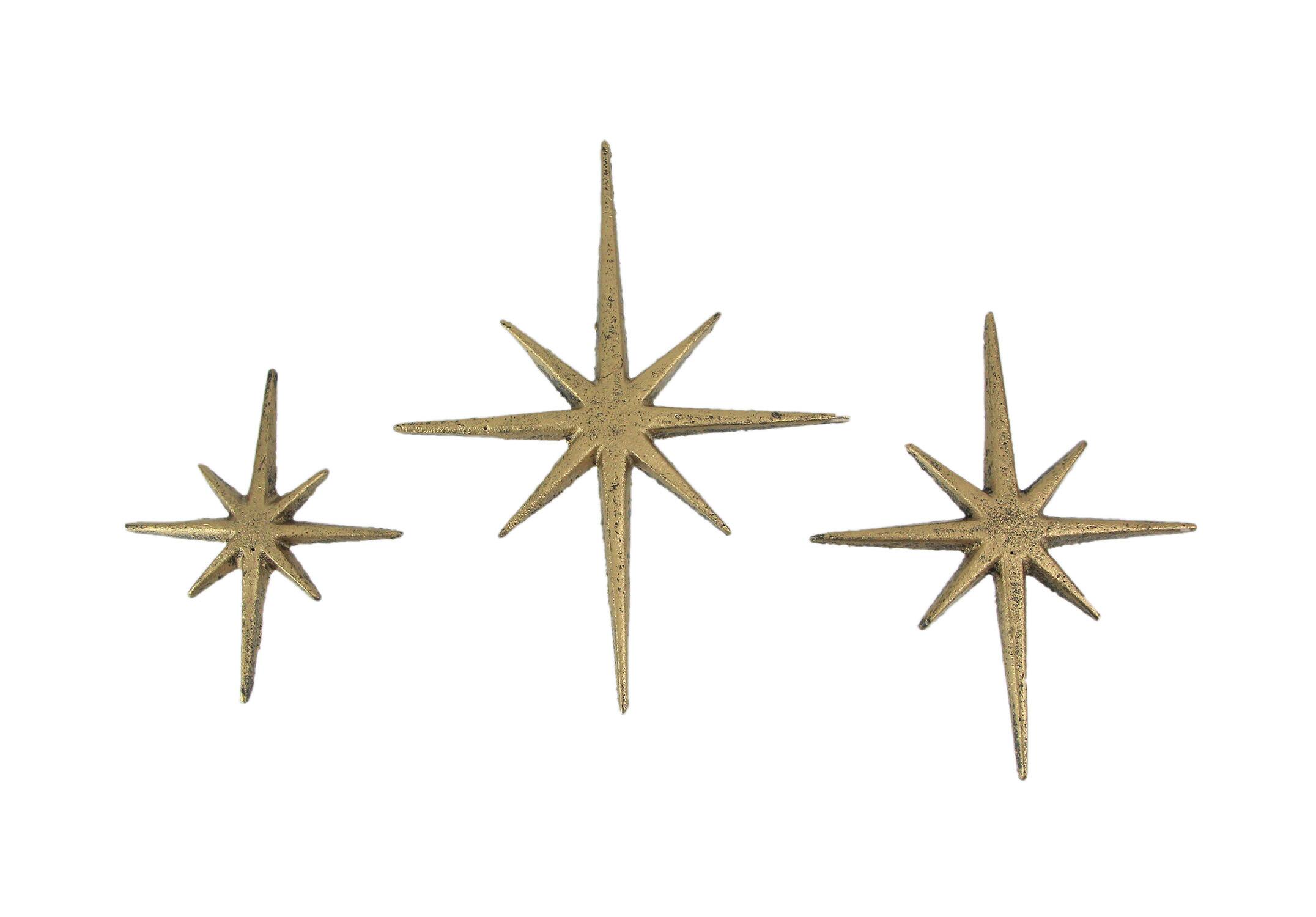 Front. Zeckos - Set of 3 Gold Cast Iron 8 Pointed Starburst Wall Hangings Mid Century Stars - Gold.