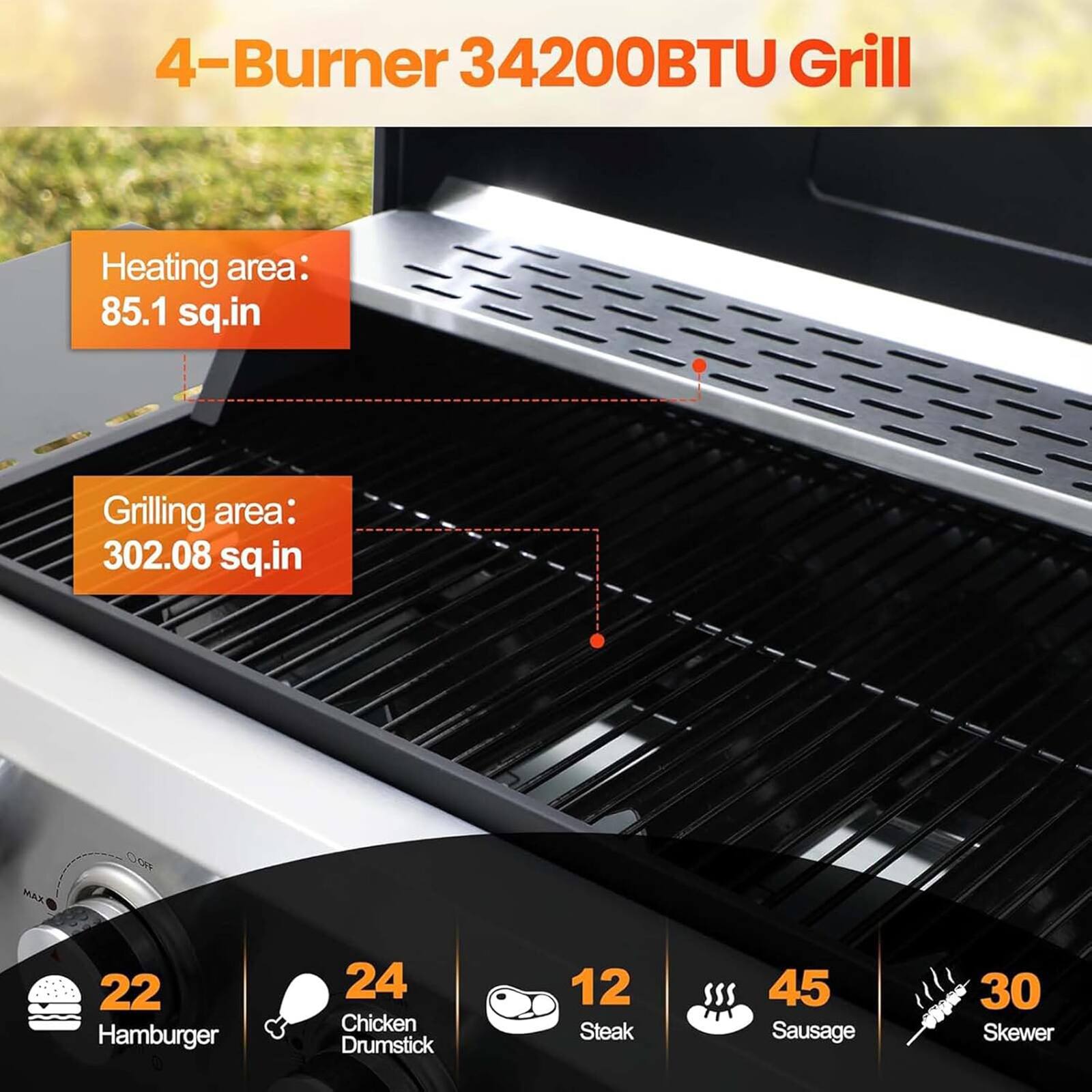 4-Burner 34200BTU Grill

Heating area: 85.1 sq.in

Grilling area: 302.08 sq.in

MAX CoW:
- 22 Hamburger
- 24 Chicken Drumstick
- 12 Steak
- 45 Sausage
- 30 Skewer