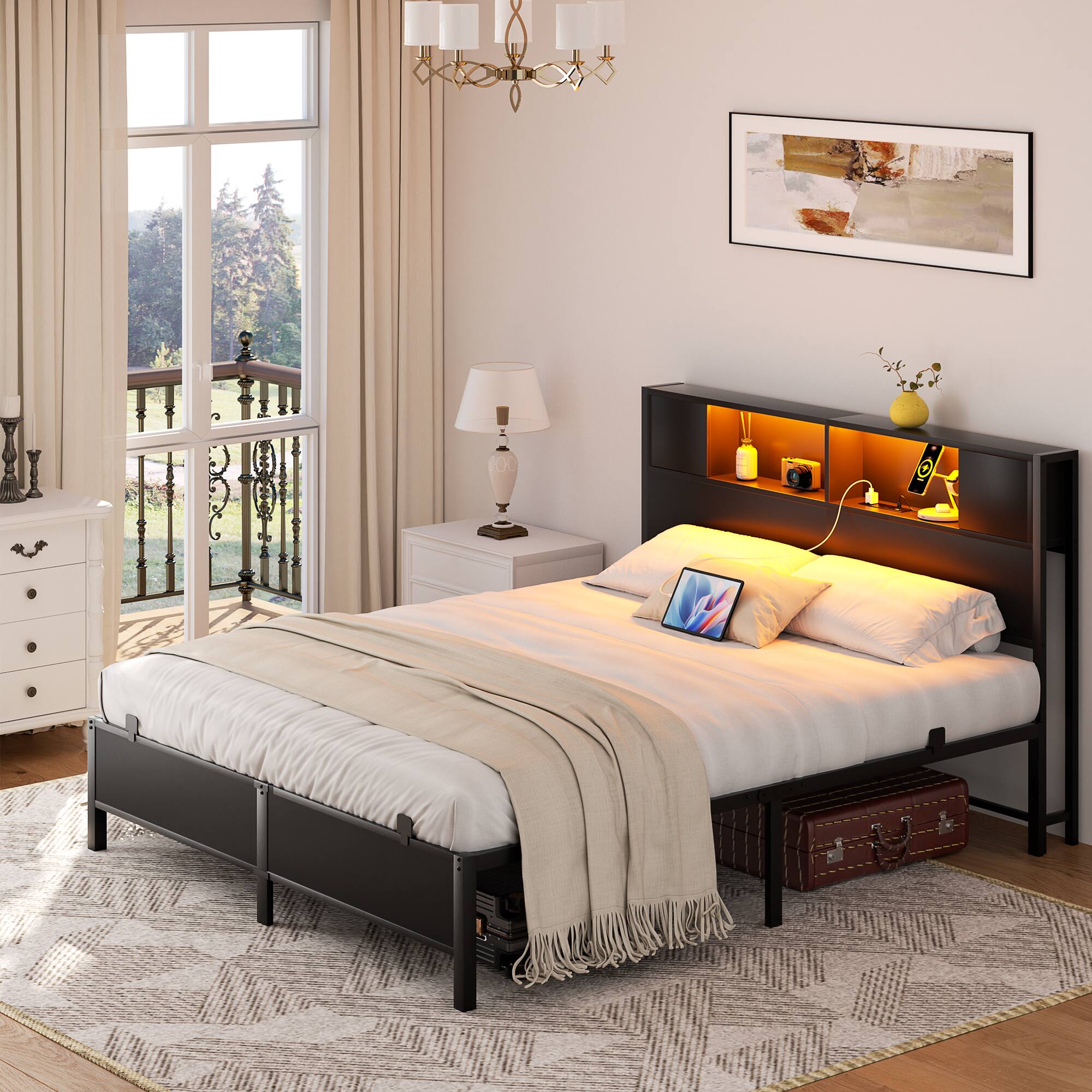 Alt View 3. Aheaplus - Industrial Metal Bed Frame: Storage Headboard / Charging, LED Lights, Steel Slats, No Box Spring, Easy Assembly - Black.