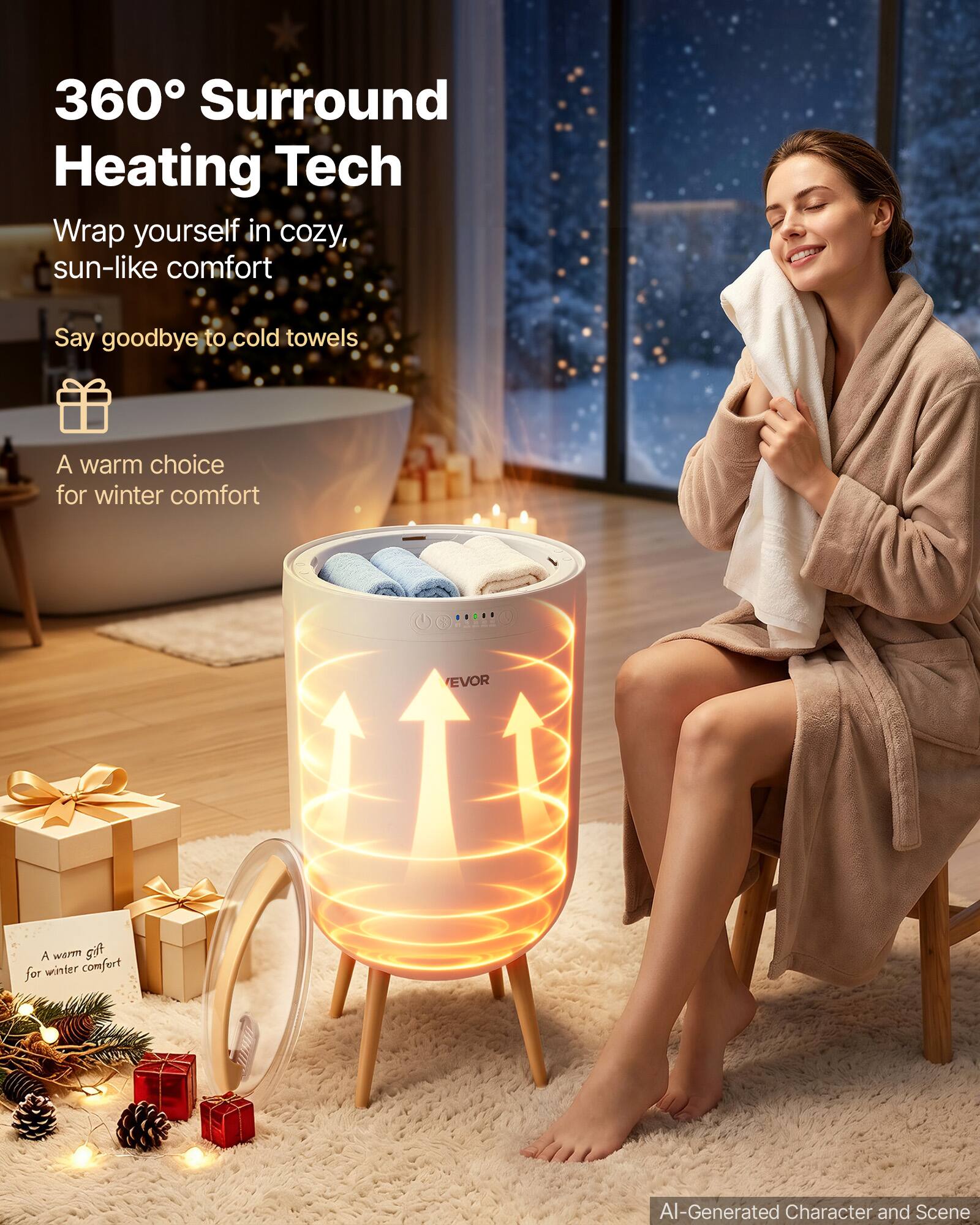 360° Surround Heating Tech  
Wrap yourself in cozy, sun-like comfort  
Say goodbye to cold towels  
A warm choice for winter comfort  
EVOR  
A warm gift for winter comfort  
AI-Generated Character and Scene