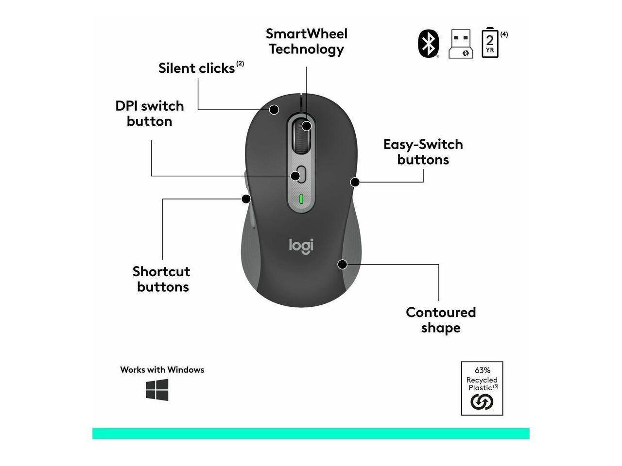 SmartWheel Technology  
Silent clicks (2)  
DPI switch button  
Easy-Switch buttons  
Shortcut buttons  
Contoured shape  
Works with Windows  
63% Recycled Plastic