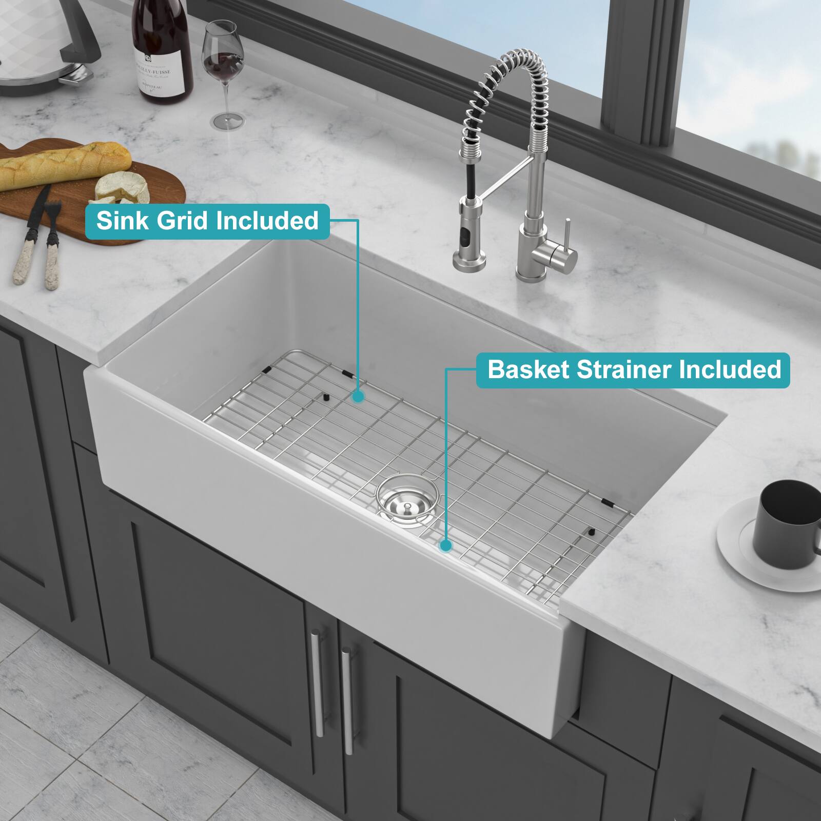 Sink Grid Included  
Basket Strainer Included