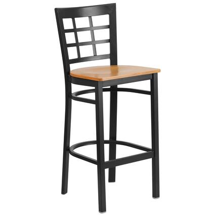 Front. Emma + Oliver - Window Back Metal Restaurant Dining Barstool - Natural Wood Seat/Black Metal Frame.