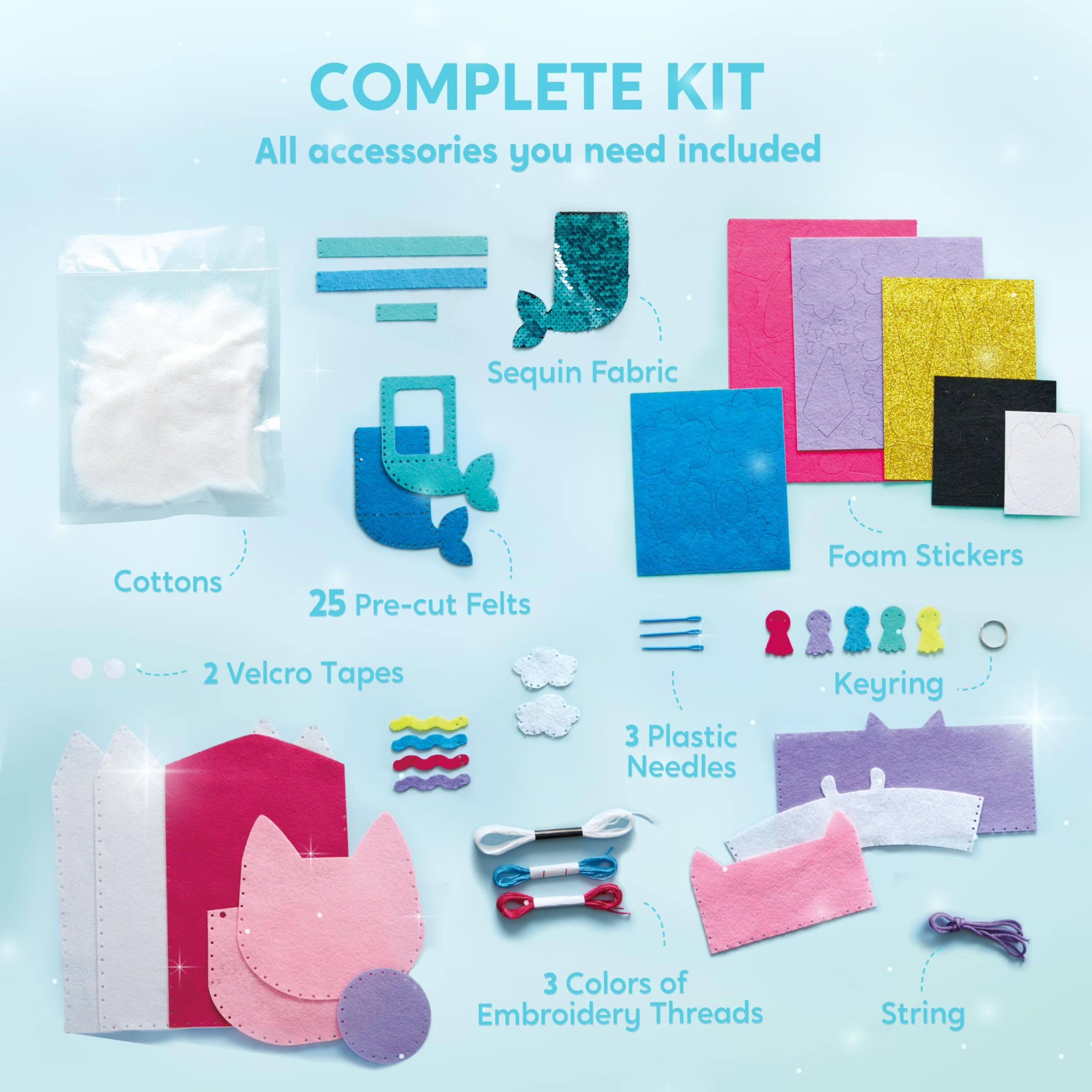 COMPLETE KIT  
All accessories you need included

- Sequin Fabric
- Cottons
- 25 Pre-cut Felt
- Foam Stickers
- 2 Velcro Tapes
- 3 Plastic Needles
- Keyring
- 3 Colors of Embroidery Threads
- String