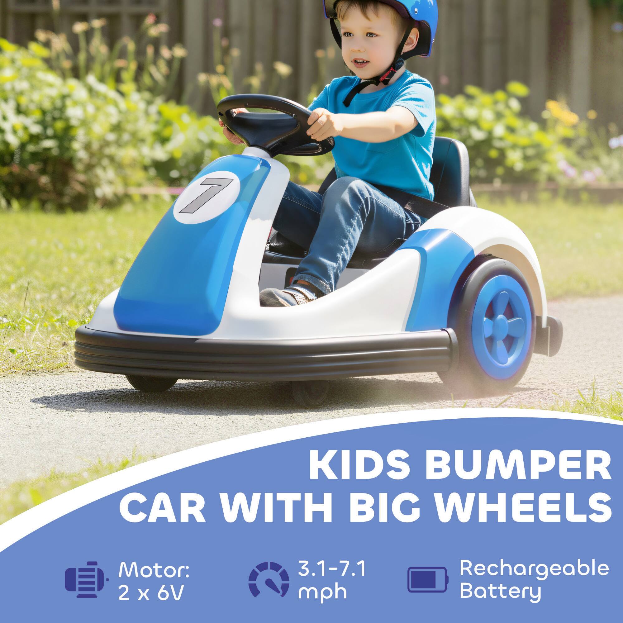 KIDS BUMPER CAR WITH BIG WHEELS

Motor: 2 x 6V
3.1-7.1 mph
Rechargeable Battery