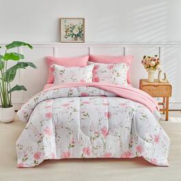 PO3TICJUNKI3 - Floral Comforter Set 7 Pieces With Flowers Bed In A Bag Reversible Bedding 1 2 Pillow Shams 1 Flat Sheet - Light Pink Flower-Queen 7 Pieces