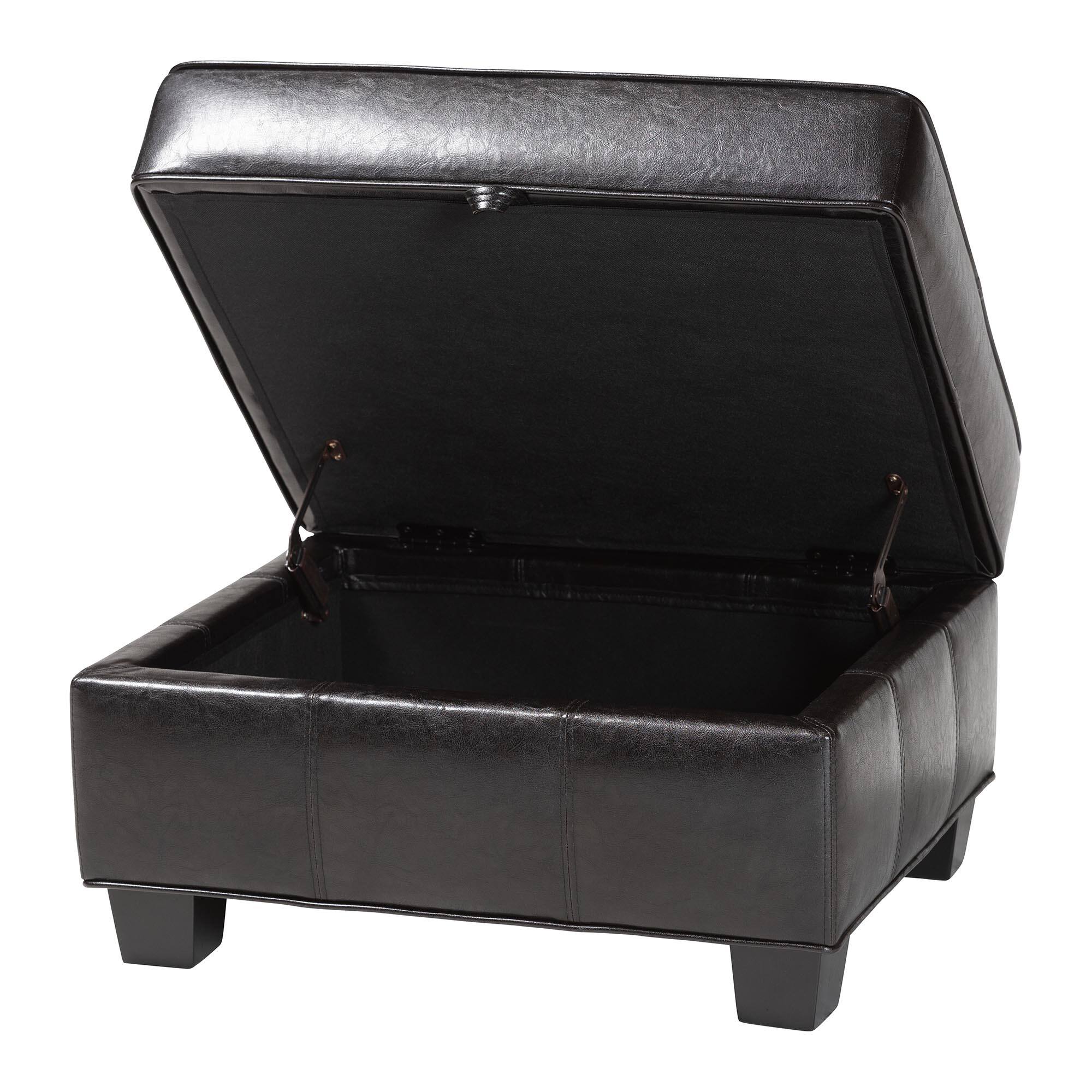 Angle. Baxton Studio - Agustus Brown Leather Storage Ottoman - Dark Brown.