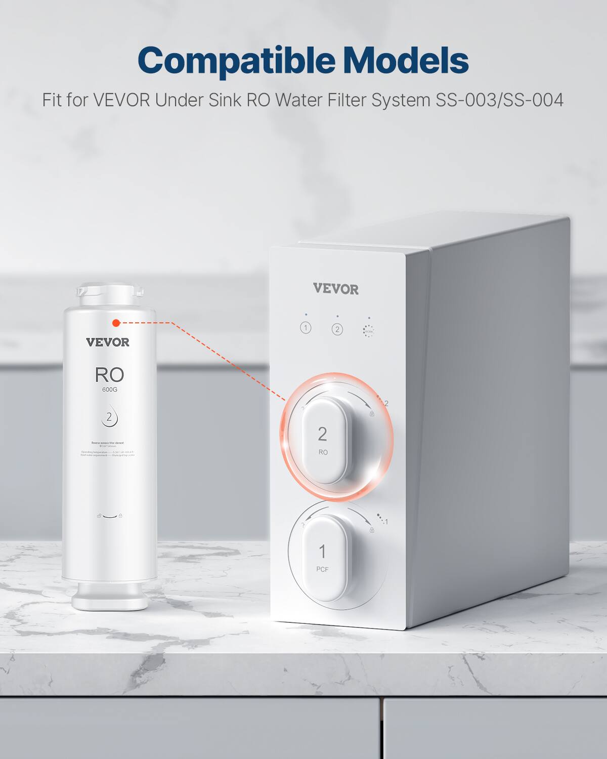 Compatible Models  
Fit for VEVOR Under Sink RO Water Filter System SS-003/SS-004  

VEVOR  
RO 600G  

VEVOR  
1 PCF  
2 RO