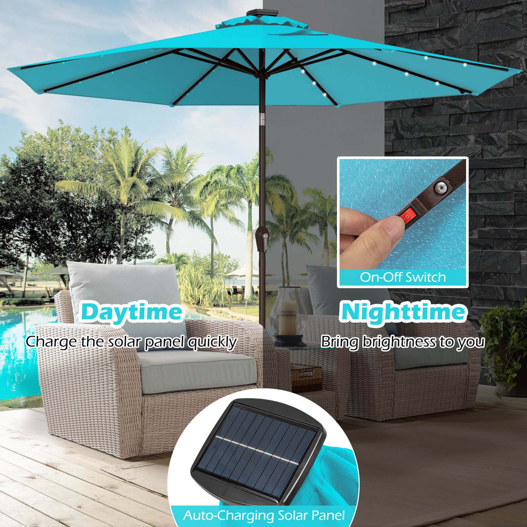 On-Off Switch: The umbrella has a switch that allows you to control the solar panel's charging during the day and night.
Daytime: The solar panel charges quickly during the day, providing you with brightness.
Nighttime: The solar panel continues to charge during the night, ensuring that you have brightness throughout the day and night.
Auto-Charging Solar Panel: The umbrella features an auto-charging solar panel, which means it charges itself using solar energy.