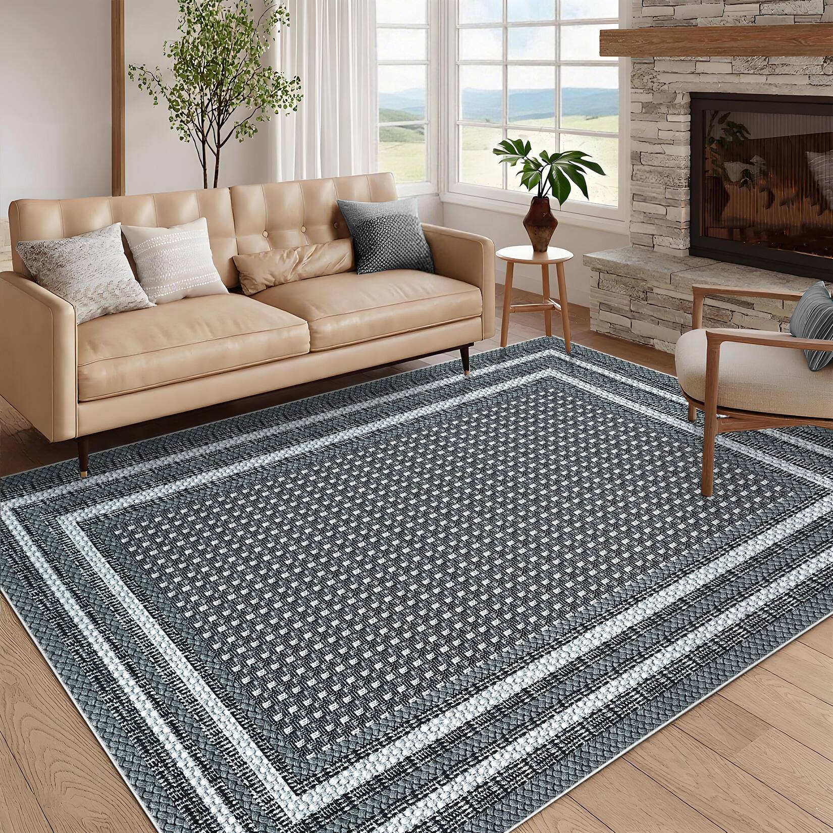 Angle. Acekool - Modern Geometric Area Rug Machine Washable Non Slip Stain Resistant Minimalist Style Rugfor Living Room Bedroom - Black Grey.