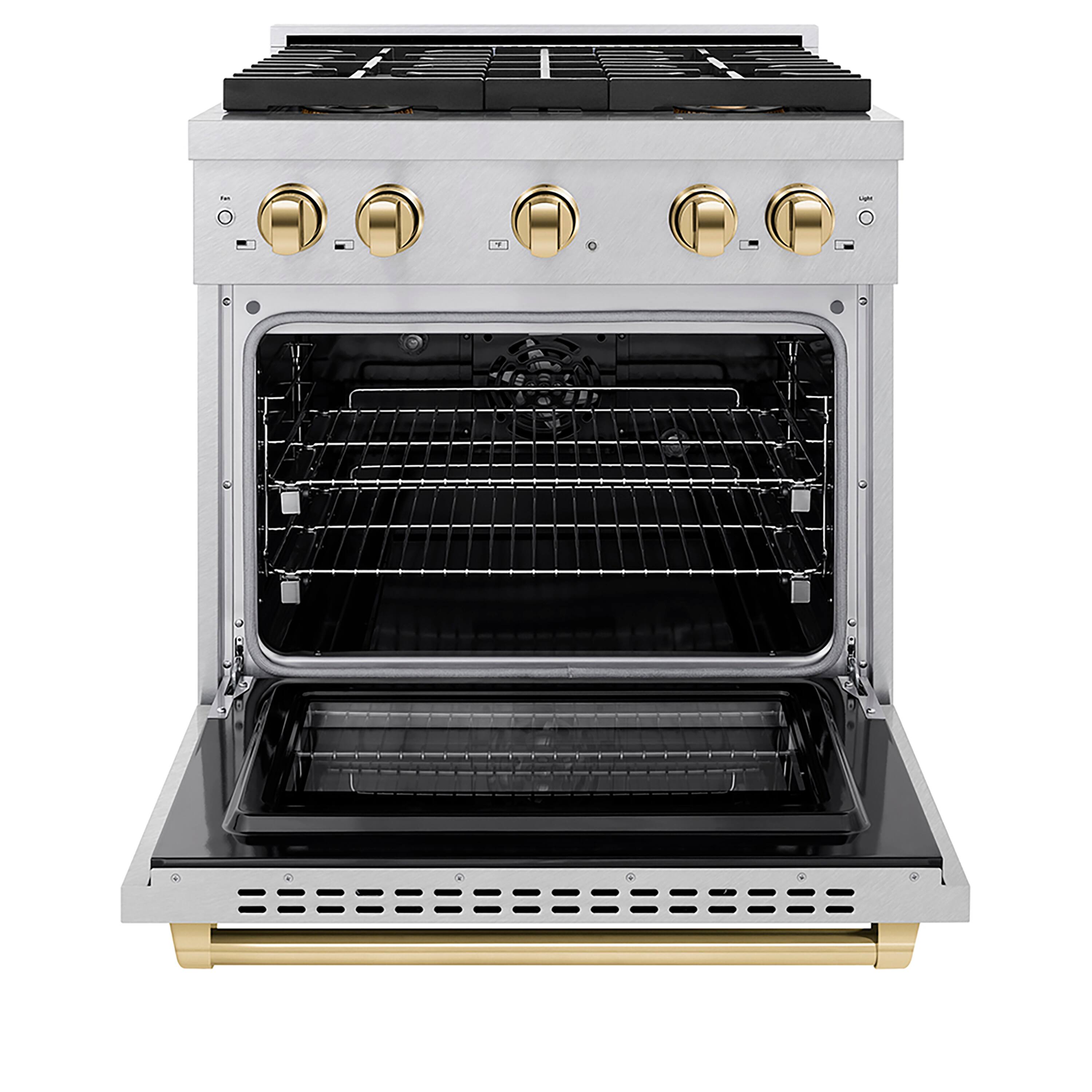 Angle. ZLINE - Autograph 30 in. 4.2 cu. ft. Freestanding Paramount Dual Fuel Range w/ DuoPro Cooktop in Satin Steel & Gold Accents - Stainless Steel.