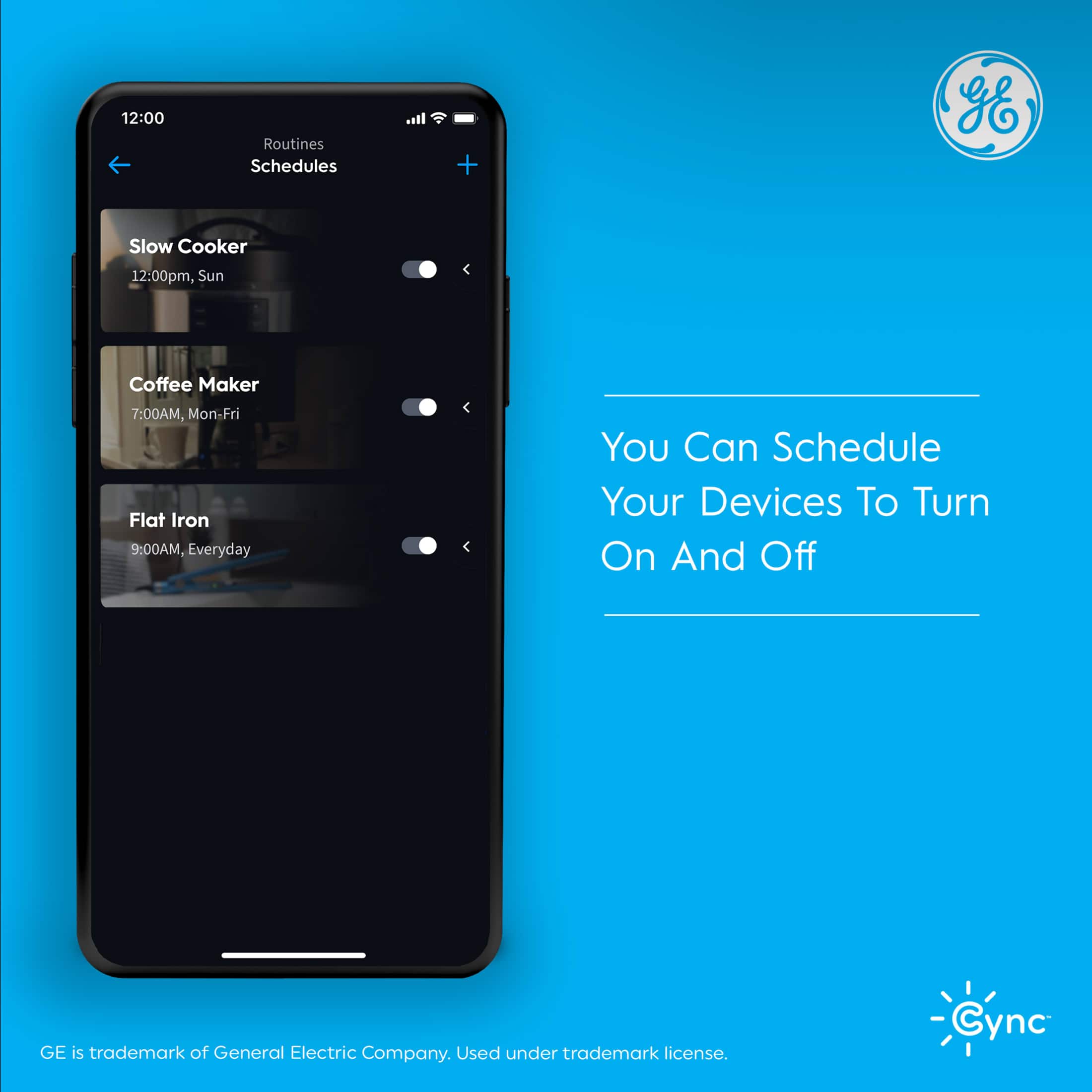 You can schedule your devices to turn on and off with the Routines Schedules feature on your phone. This includes the Slow Cooker, Coffee Maker, and Flat Iron, which can be set to turn on and off at specific times. The feature is available on your phone and is a convenient way to manage your daily routines.