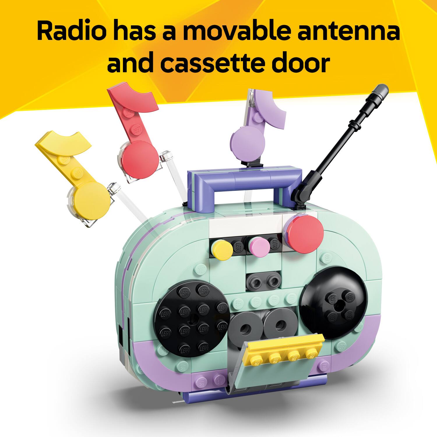 Radio has a movable antenna and cassette door