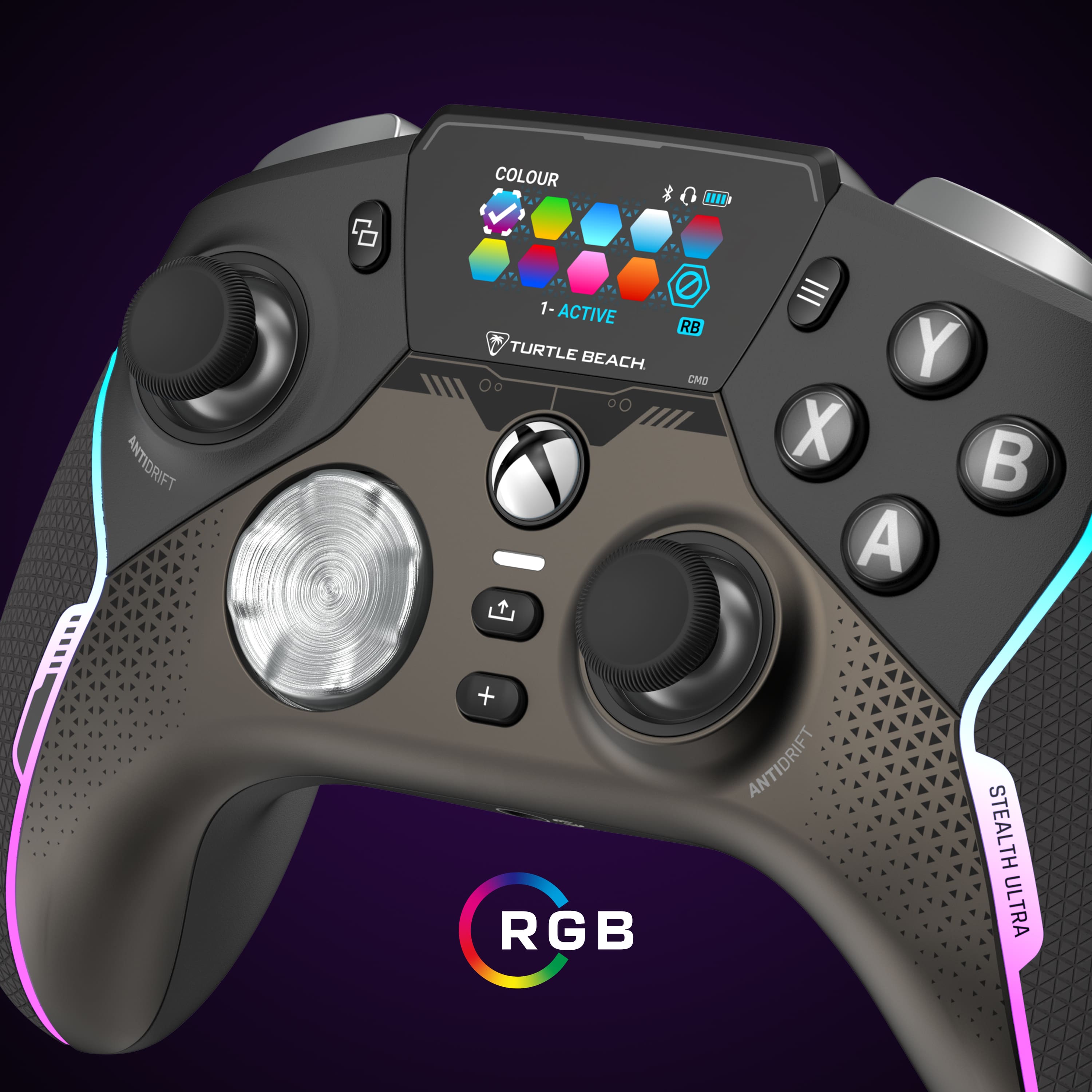 The text on the image reads: "COLOUR * ANTIDRIFT 1- ACTIVE TURTLE BEACH RB CMD Y X A + RGB ANTIDRIFT STEALTH ULTRA."