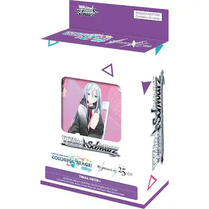 **ENGLISH EDITION**
Contains 50 cards
**COLORFUL STAGE!**
HATSUNE MIKU
TRIAL DECK+
Contains 50 Cards. Rules Sheet, Playmat, and Deck Manual Included
**Nightcord at 25:00**