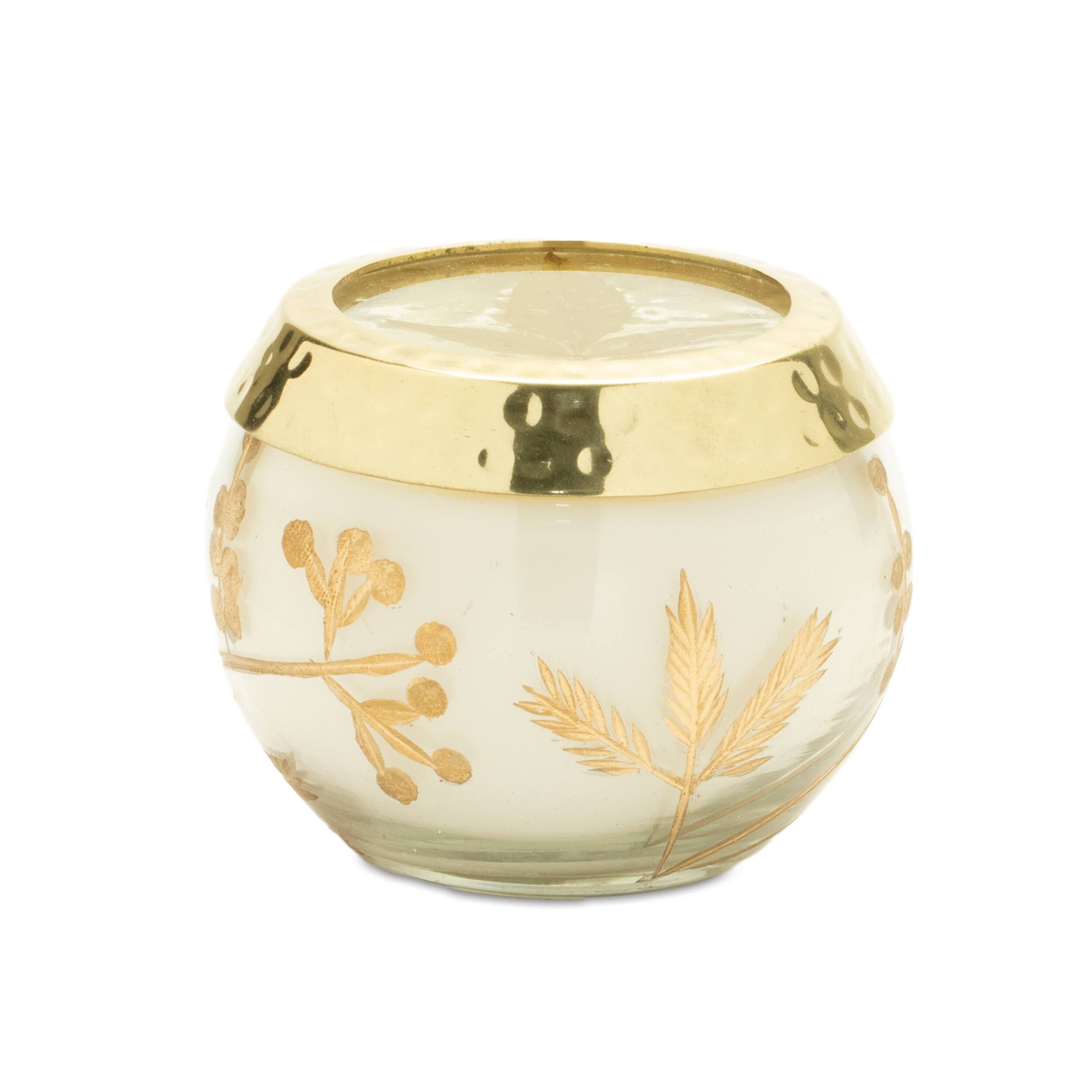 Front. BreeBe - Frosted Juniper Scented Soy Candle with Pressed Leaf Lid (Set of 3) - White, Gold.