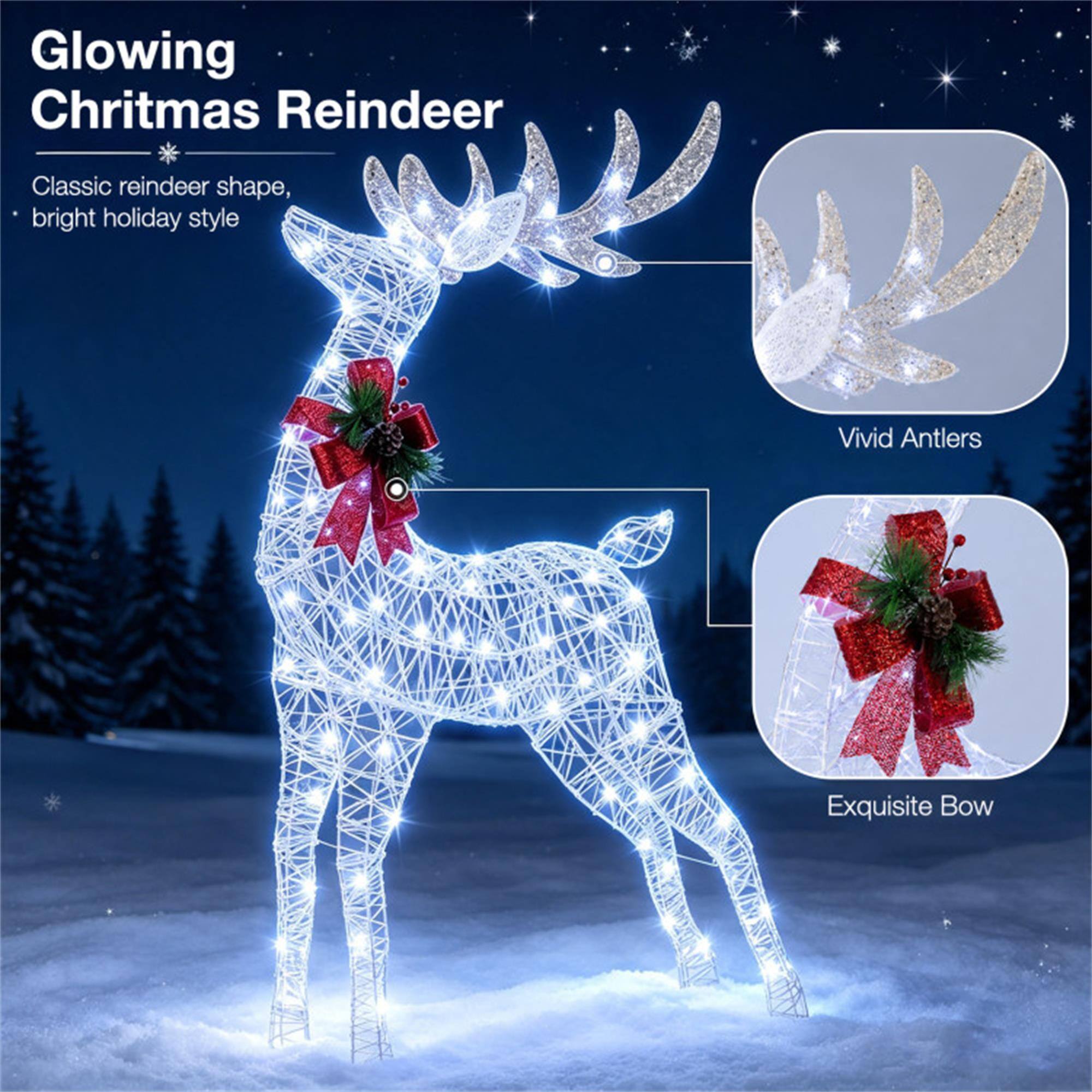 Glowing Christmas Reindeer  
Classic reindeer shape, bright holiday style  
Vivid Antlers  
Exquisite Bow